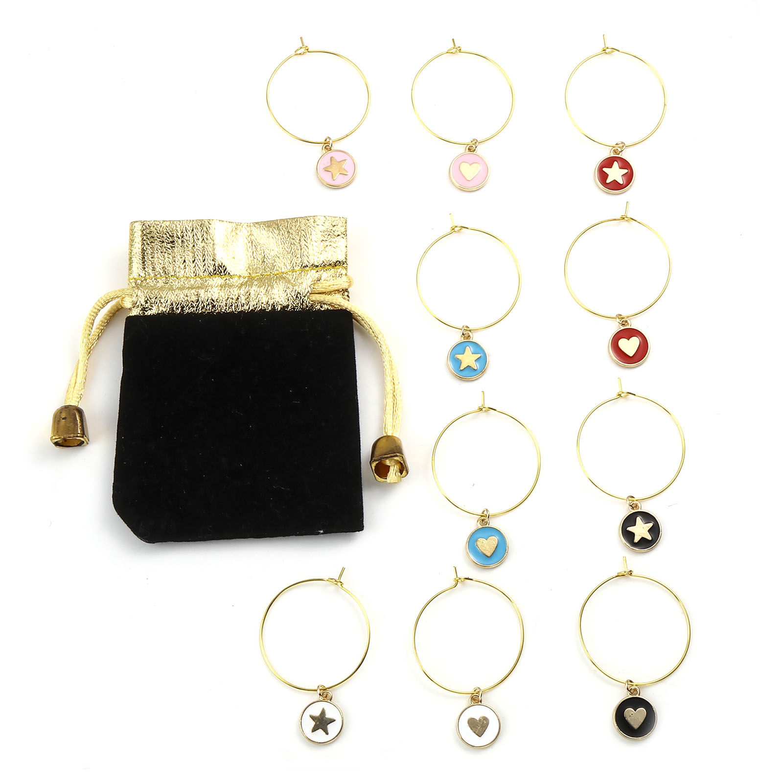 Picture of Zinc Based Alloy Wine Glass Charms Round Star Mixed Color With Cloth Bag 4.5cm x 3cm, 1 Set (Approx 10 PCs/Set)
