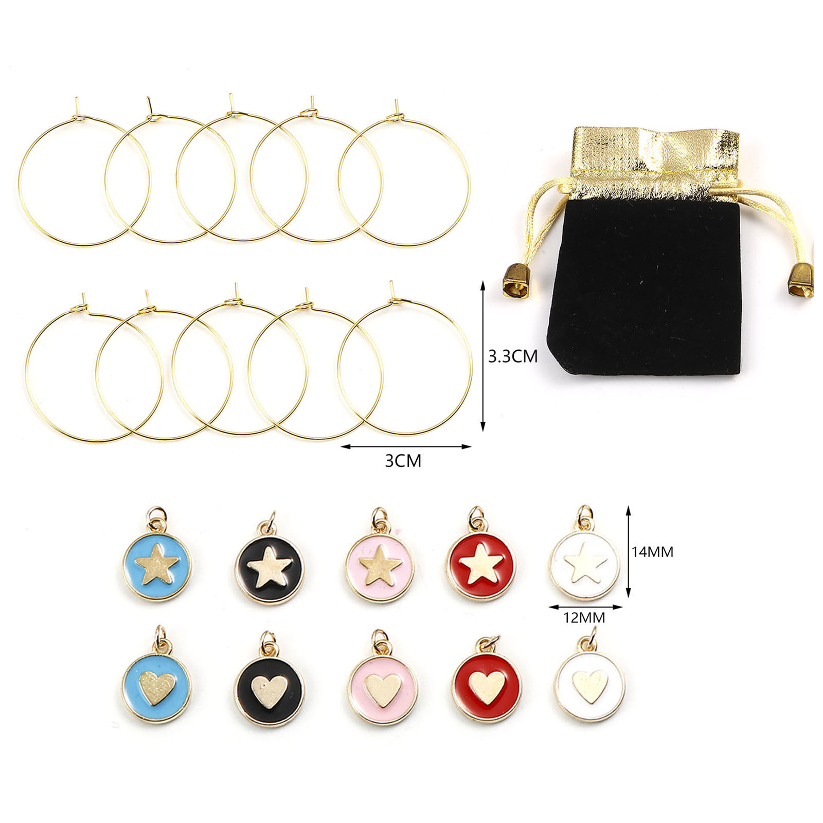 Picture of Zinc Based Alloy Wine Glass Charms Round Star Mixed Color With Cloth Bag 4.5cm x 3cm, 1 Set (Approx 10 PCs/Set)