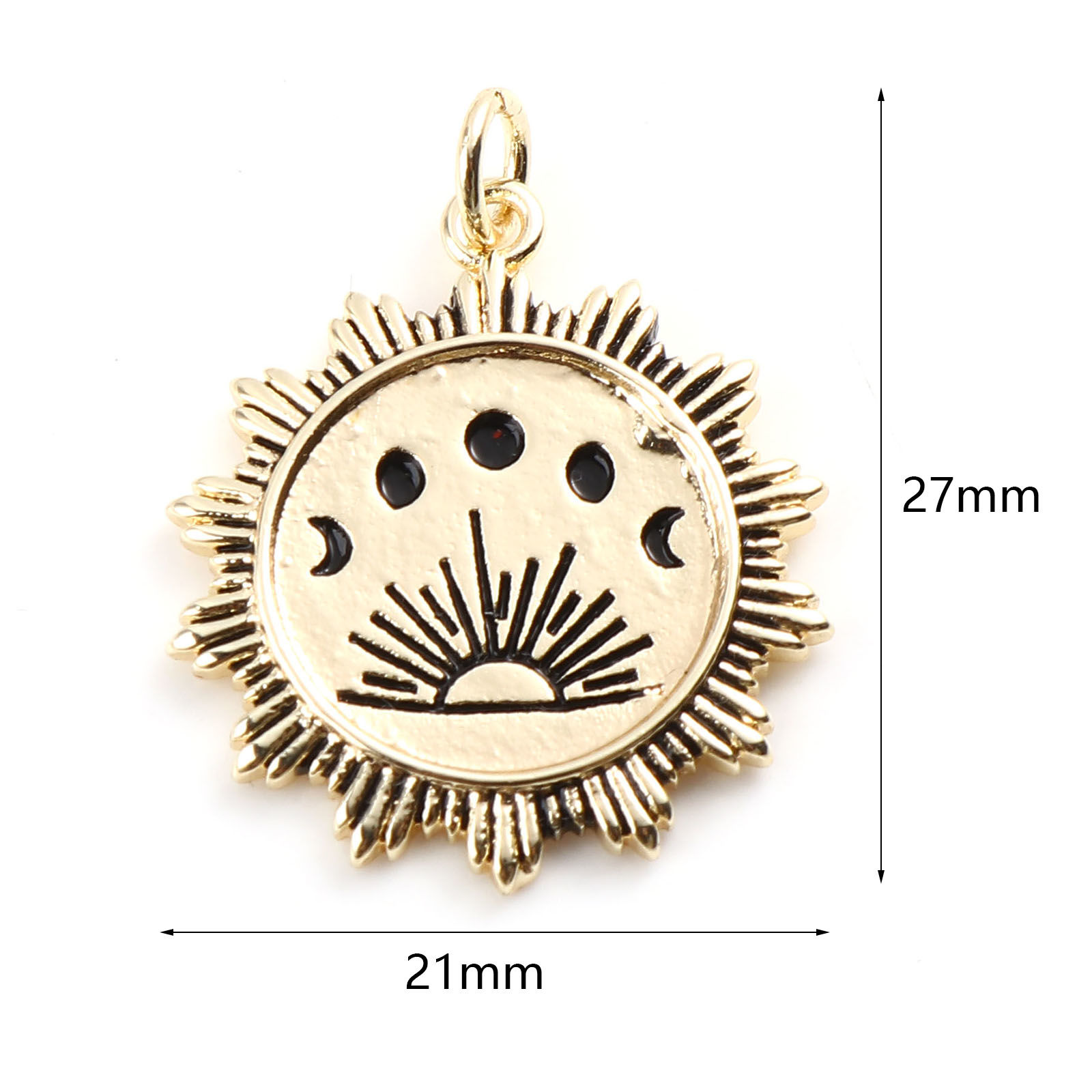 Picture of Brass Galaxy Charms Moon Phases 18K Real Gold Plated Black Sun Enamel 27mm x 21mm, 1 Piece