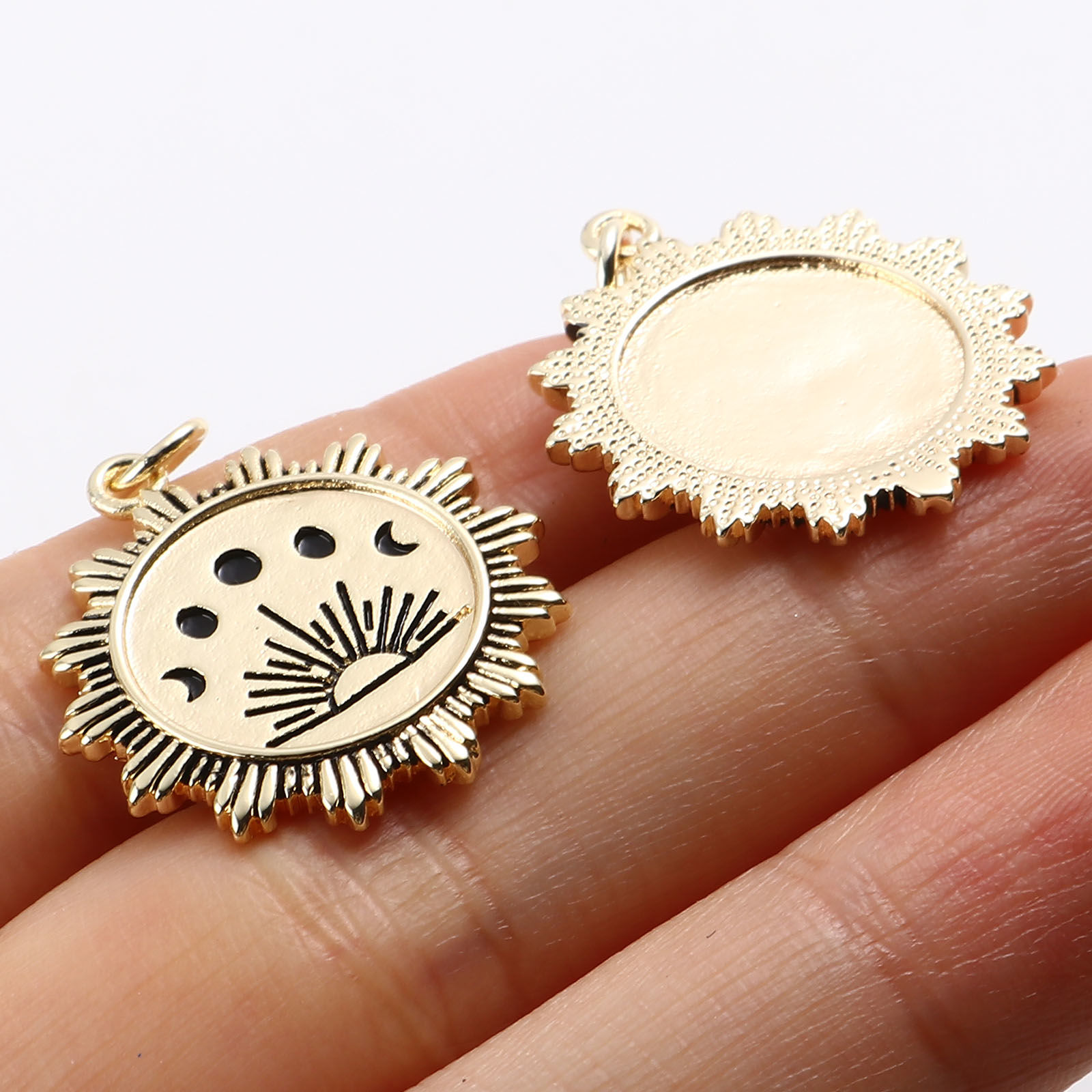 Picture of Brass Galaxy Charms Moon Phases 18K Real Gold Plated Black Sun Enamel 27mm x 21mm, 1 Piece