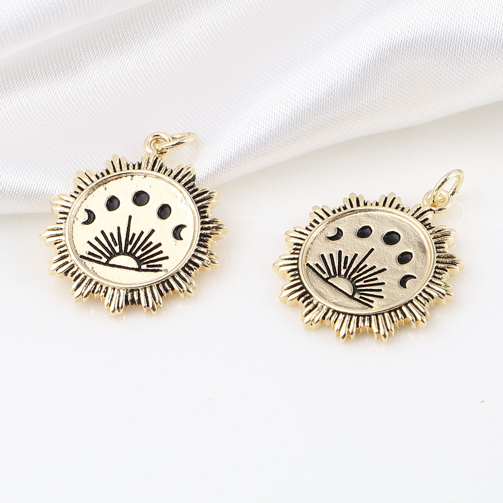 Picture of Brass Galaxy Charms Moon Phases 18K Real Gold Plated Black Sun Enamel 27mm x 21mm, 1 Piece