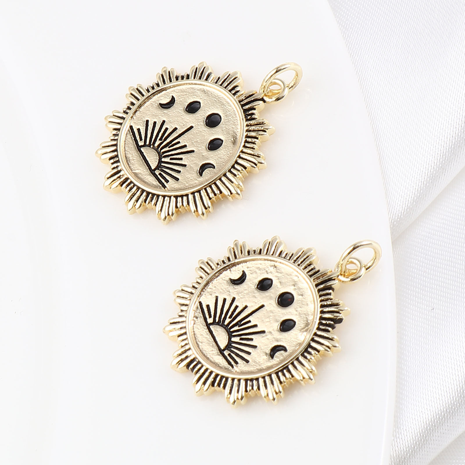 Picture of Brass Galaxy Charms Moon Phases 18K Real Gold Plated Black Sun Enamel 27mm x 21mm, 1 Piece