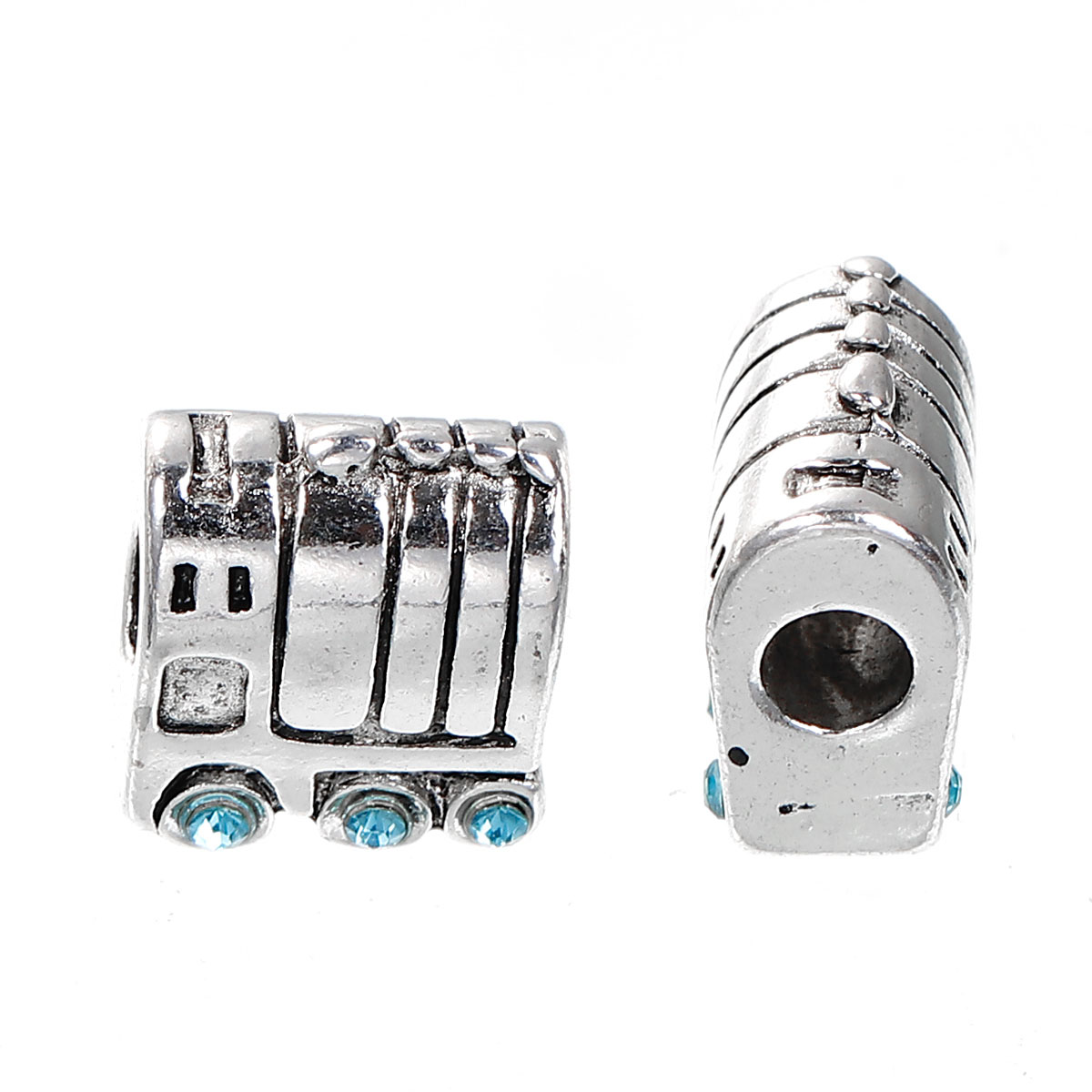 Picture of Zinc Based Alloy European Style Large Hole Charm Beads Train Antique Silver Color Blue Rhinestone About 17mm x15mm - 16mm x15mm, Hole: Approx 5mm, 3 PCs