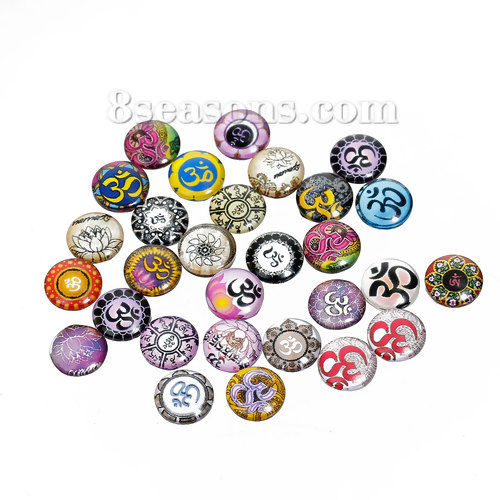 Picture of Glass Dome Seals Cabochon Round Flatback At Random Mixed Yoga Healing Pattern Transparent 12mm( 4/8") Dia, 10 PCs