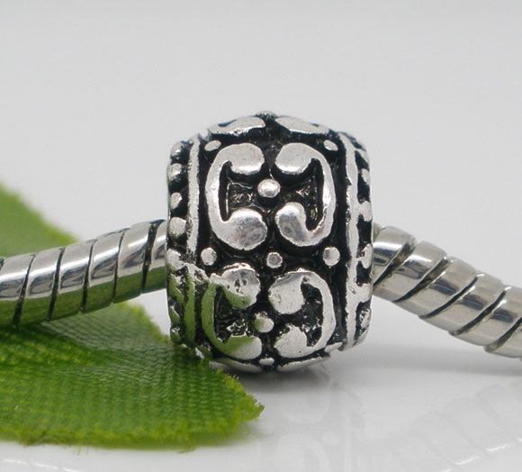 Picture of 20 PCs Zinc Based Alloy European Style Large Hole Charm Beads Antique Silver Color Round Carved Pattern 10mm x 8mm, Hole: Approx 6mm