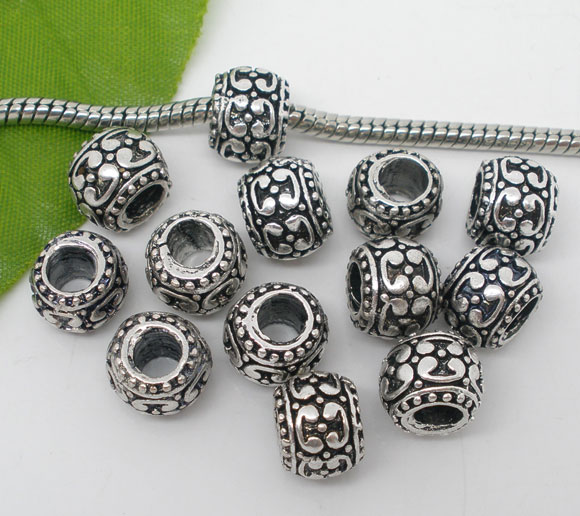 Picture of 20 PCs Zinc Based Alloy European Style Large Hole Charm Beads Antique Silver Color Round Carved Pattern 10mm x 8mm, Hole: Approx 6mm