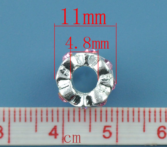 Picture of Zinc Metal Alloy European Style Large Hole Charm Beads Cylinder Silver Plated Leaf Pattern Pink Enamel Pink rhinestone 11x9mm, 10 PCs
