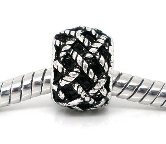 Picture of 20 PCs Zinc Based Alloy European Style Large Hole Charm Beads Antique Silver Color Round Grid Checker 8.5mm x 6.5mm, Hole: Approx 5mm