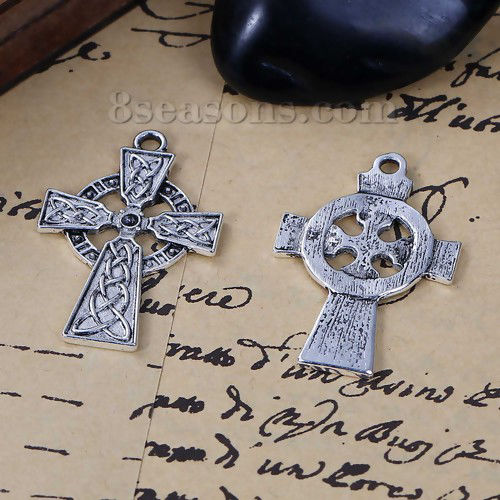 Picture of Zinc Based Alloy Easter Day Pendants Antique Silver Color Cross Celtic Knot (Can Hold ss10 Pointed Back Rhinestone) 3.9cm x 2.5cm, 5 PCs