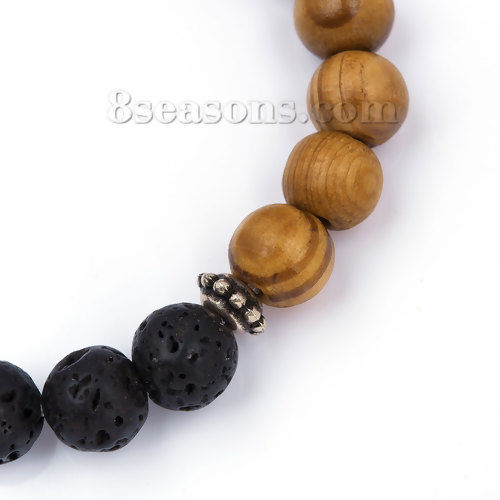 Picture of Stone Lava Natural Wood Beaded Healing Bracelet Antique Silver Color Gear Black & Brown Elastic 24.5cm(9 5/8") long, 1 Piece