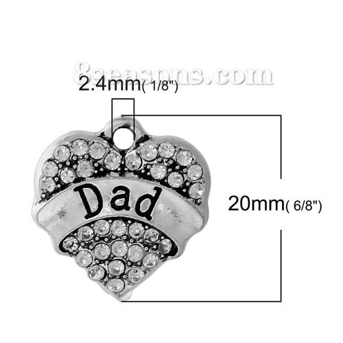 Picture of Zinc Based Alloy Charms Heart Antique Silver Color Message " DAD " Carved Clear Rhinestone 20mm( 6/8") x 19mm( 6/8"), 5 PCs