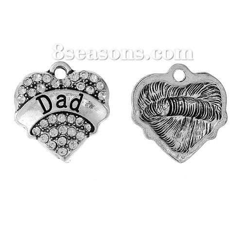 Picture of Zinc Based Alloy Charms Heart Antique Silver Color Message " DAD " Carved Clear Rhinestone 20mm( 6/8") x 19mm( 6/8"), 5 PCs