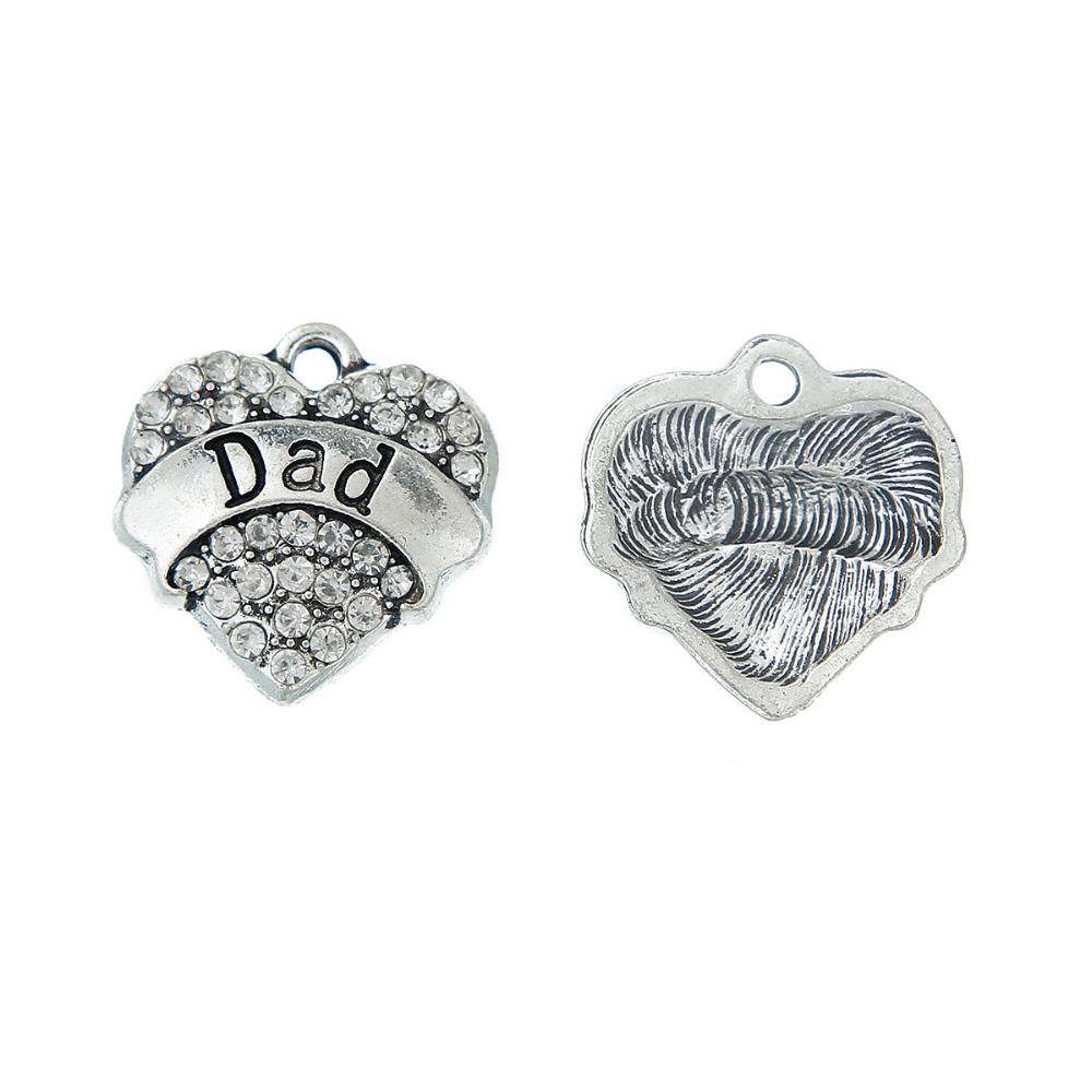 Picture of Zinc Based Alloy Charms Heart Antique Silver Color Message " DAD " Carved Clear Rhinestone 20mm( 6/8") x 19mm( 6/8"), 5 PCs
