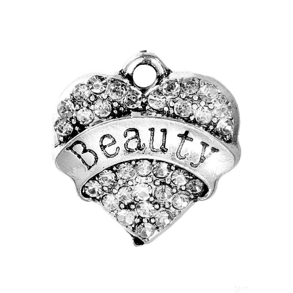 Picture of Zinc Based Alloy Charms Heart Antique Silver Color Message " DAD " Carved Clear Rhinestone 20mm( 6/8") x 19mm( 6/8"), 5 PCs