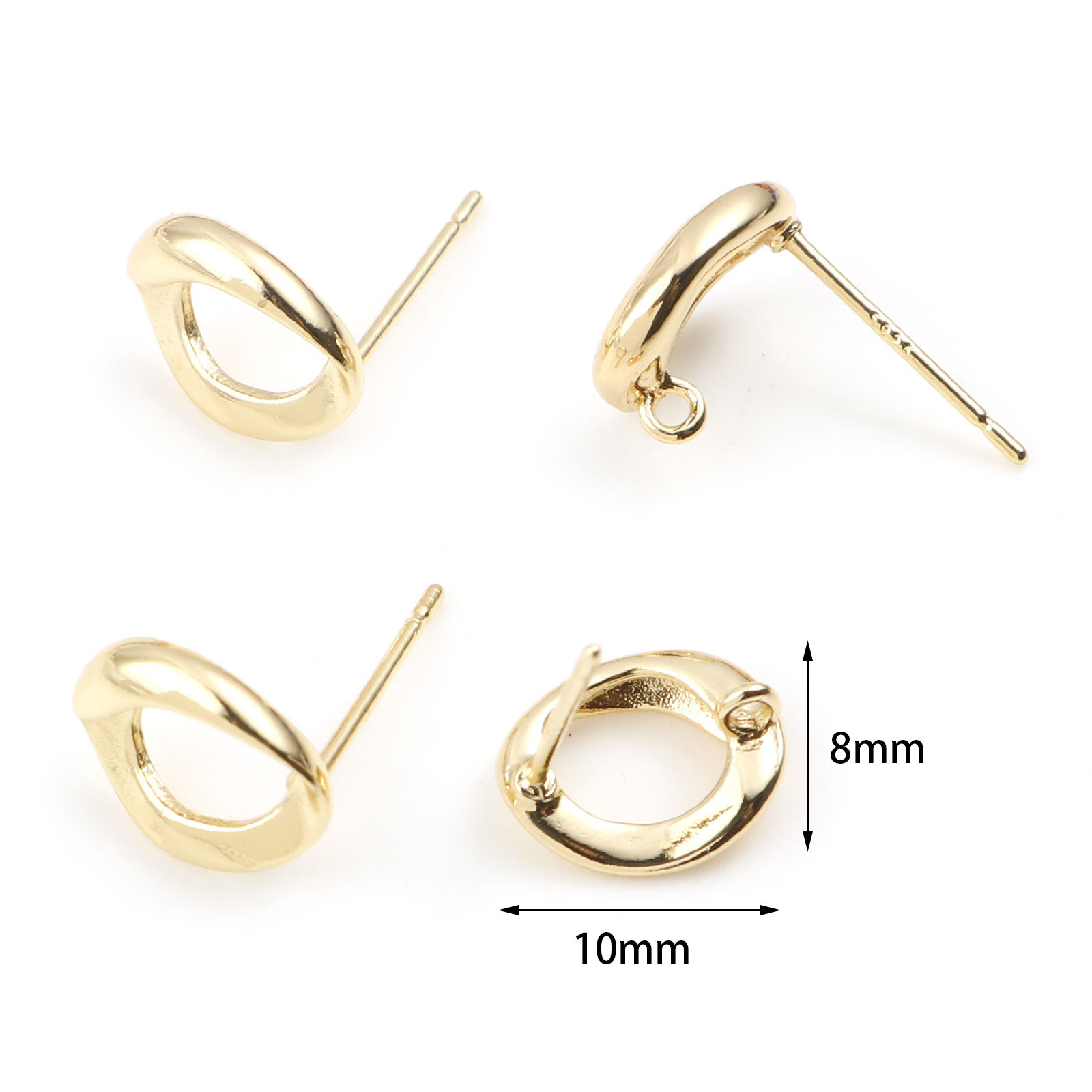 Picture of 2 PCs Brass Ear Post Stud Earrings Real Gold Plated Oval With Loop 10mm x 8mm, Post/ Wire Size: 0.7mm(21 gauge)