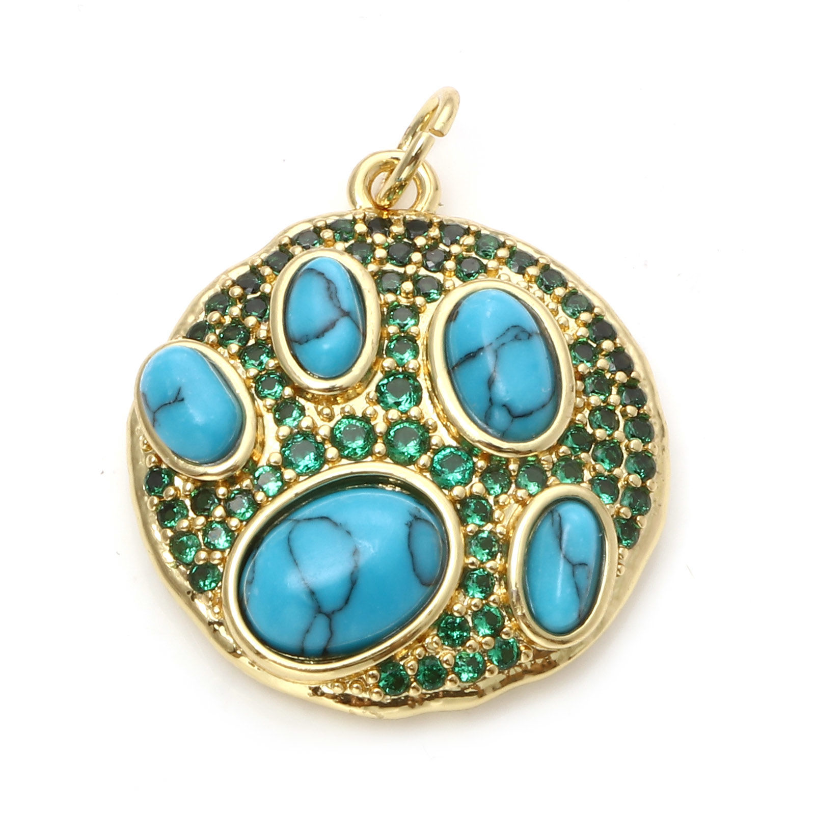 Picture of Brass Boho Chic Bohemia Charms 18K Real Gold Plated Blue Round Disc Imitation Turquoise Green Cubic Zirconia 25mm x 20mm, 1 Piece