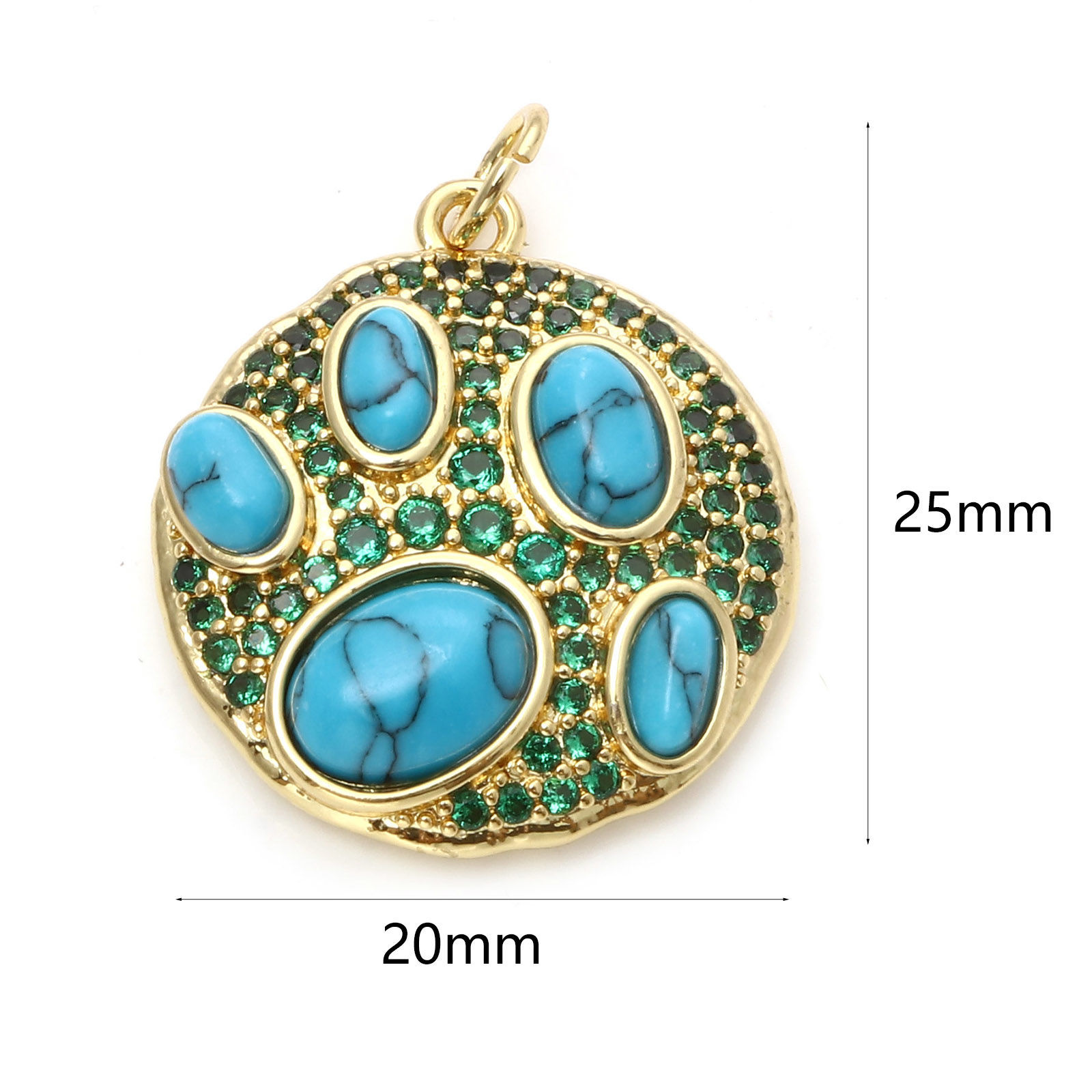 Picture of Brass Boho Chic Bohemia Charms 18K Real Gold Plated Blue Round Disc Imitation Turquoise Green Cubic Zirconia 25mm x 20mm, 1 Piece