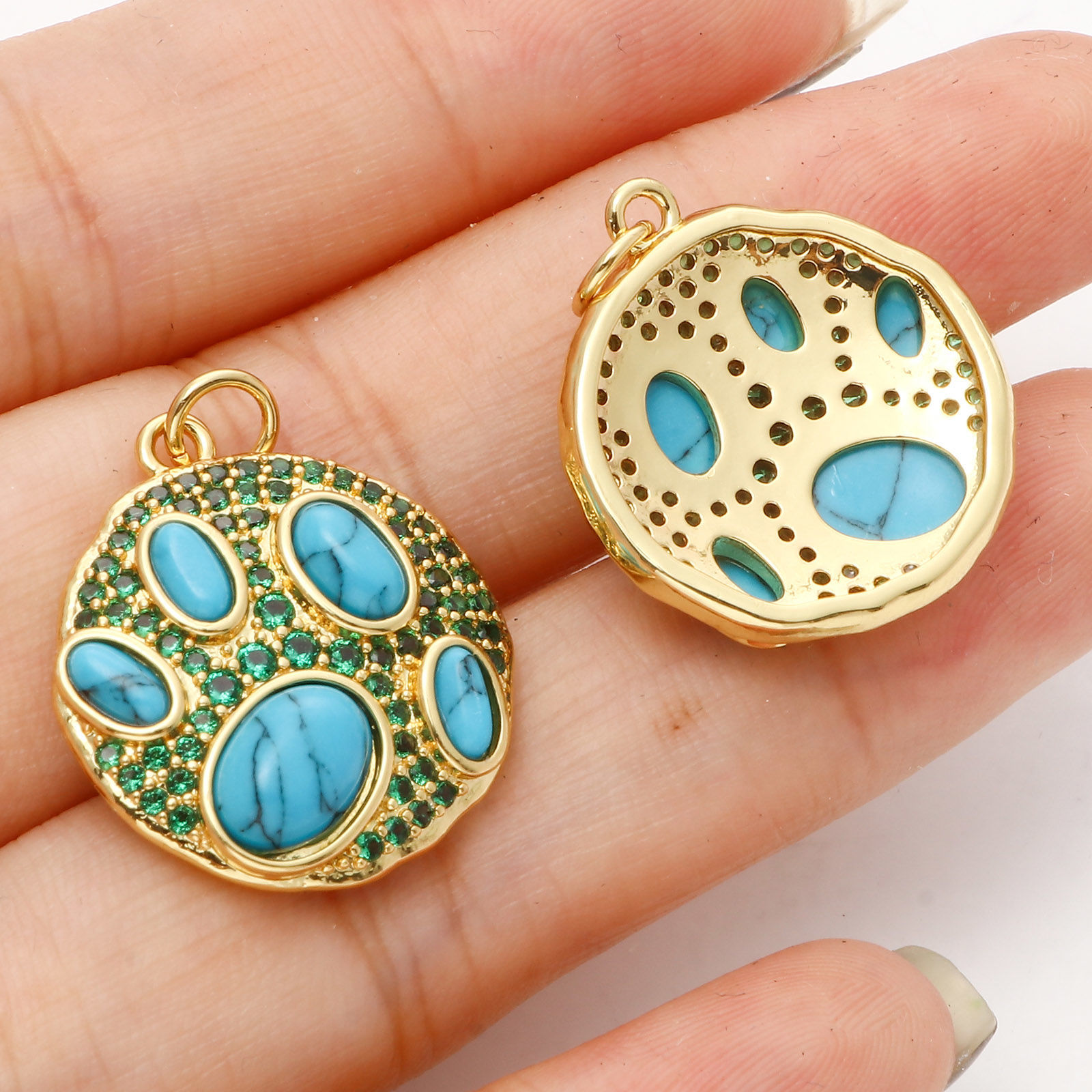 Picture of Brass Boho Chic Bohemia Charms 18K Real Gold Plated Blue Round Disc Imitation Turquoise Green Cubic Zirconia 25mm x 20mm, 1 Piece