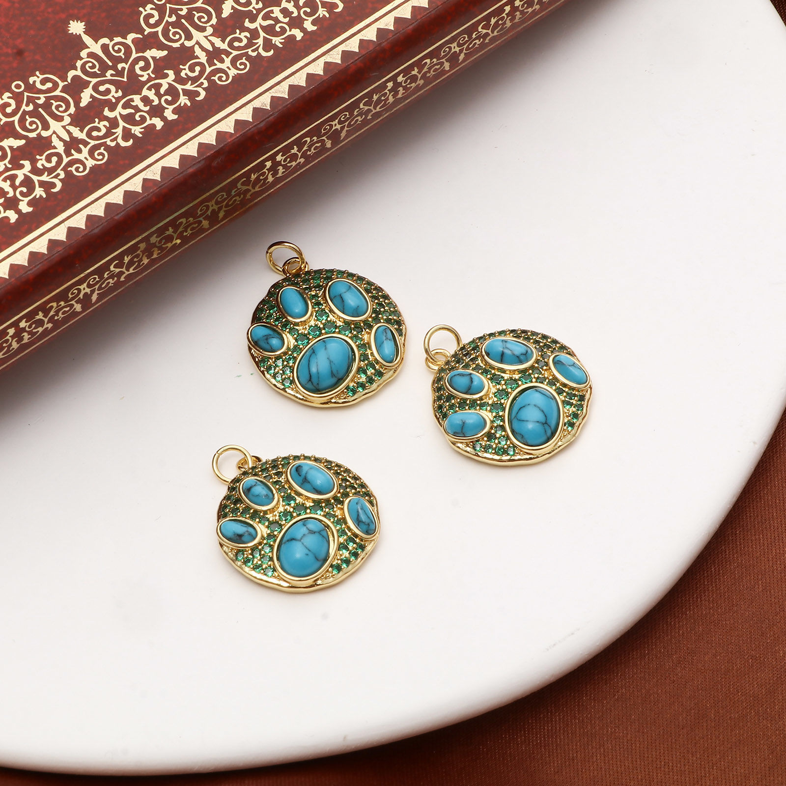 Picture of Brass Boho Chic Bohemia Charms 18K Real Gold Plated Blue Round Disc Imitation Turquoise Green Cubic Zirconia 25mm x 20mm, 1 Piece