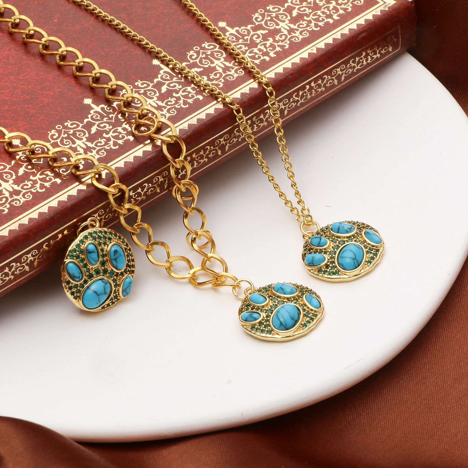 Picture of Brass Boho Chic Bohemia Charms 18K Real Gold Plated Blue Round Disc Imitation Turquoise Green Cubic Zirconia 25mm x 20mm, 1 Piece