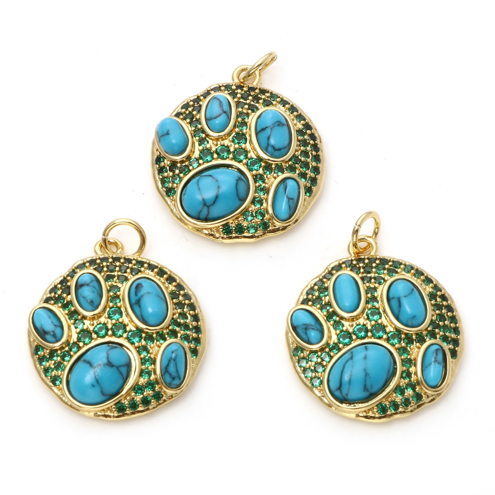 Picture of Brass Boho Chic Bohemia Charms 18K Real Gold Plated Blue Round Disc Imitation Turquoise Green Cubic Zirconia 25mm x 20mm, 1 Piece