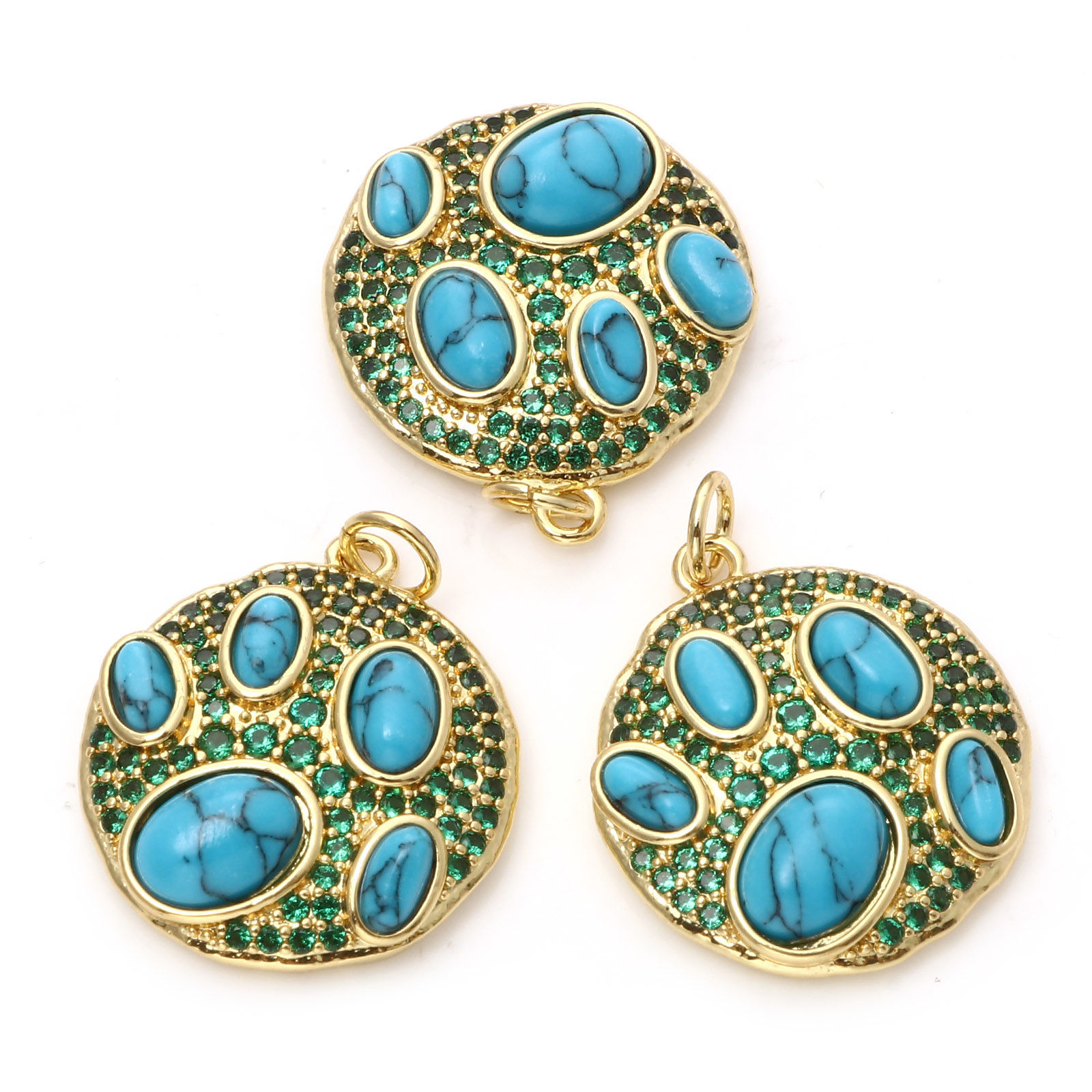 Picture of Brass Boho Chic Bohemia Charms 18K Real Gold Plated Blue Round Disc Imitation Turquoise Green Cubic Zirconia 25mm x 20mm, 1 Piece