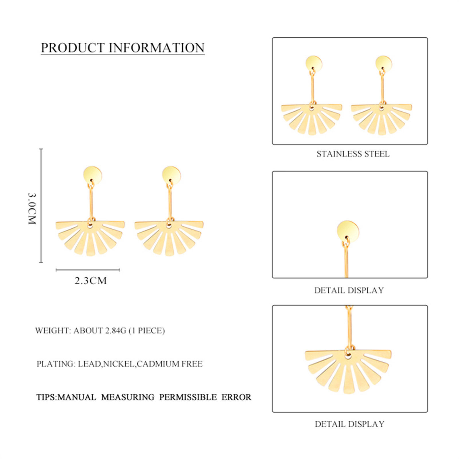 Picture of 316 Stainless Steel Stylish Ear Post Stud Earrings Gold Plated Fan-shaped Hollow 3cm x 2.3cm, Post/ Wire Size: (20 gauge), 1 Pair