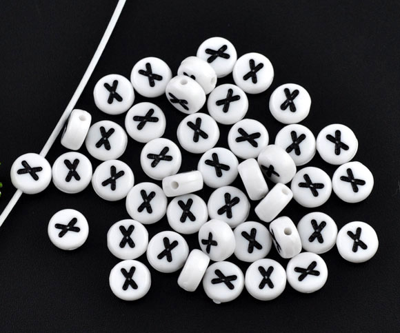 Picture of Acrylic Spacer Beads Round White Alphabet/ Letter "X" About 7mm( 2/8") Dia, Hole: Approx 1mm, 500 PCs