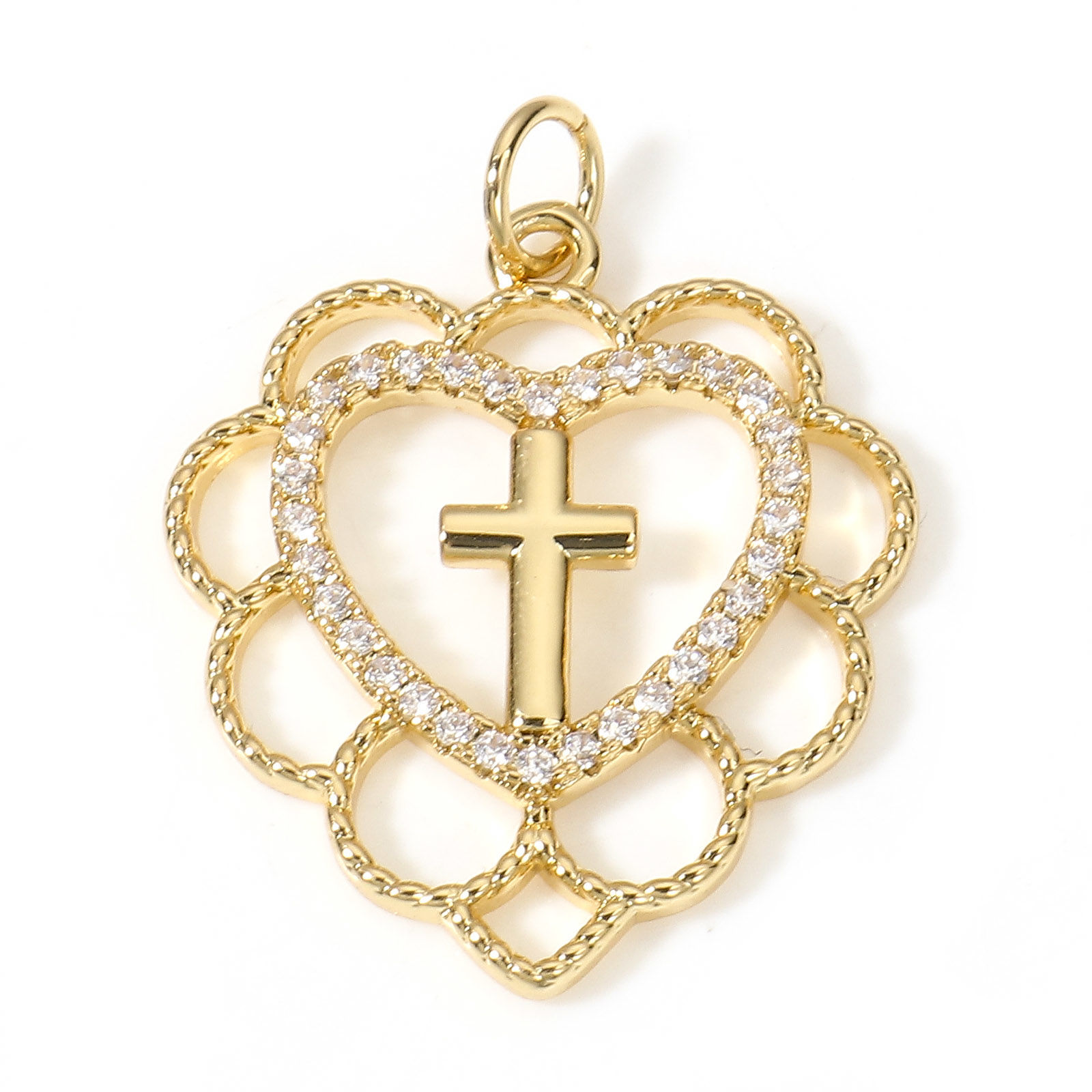 Picture of Brass Religious Charms 18K Real Gold Plated Cross Heart Hollow Clear Cubic Zirconia 26mm x 20.5mm, 1 Piece