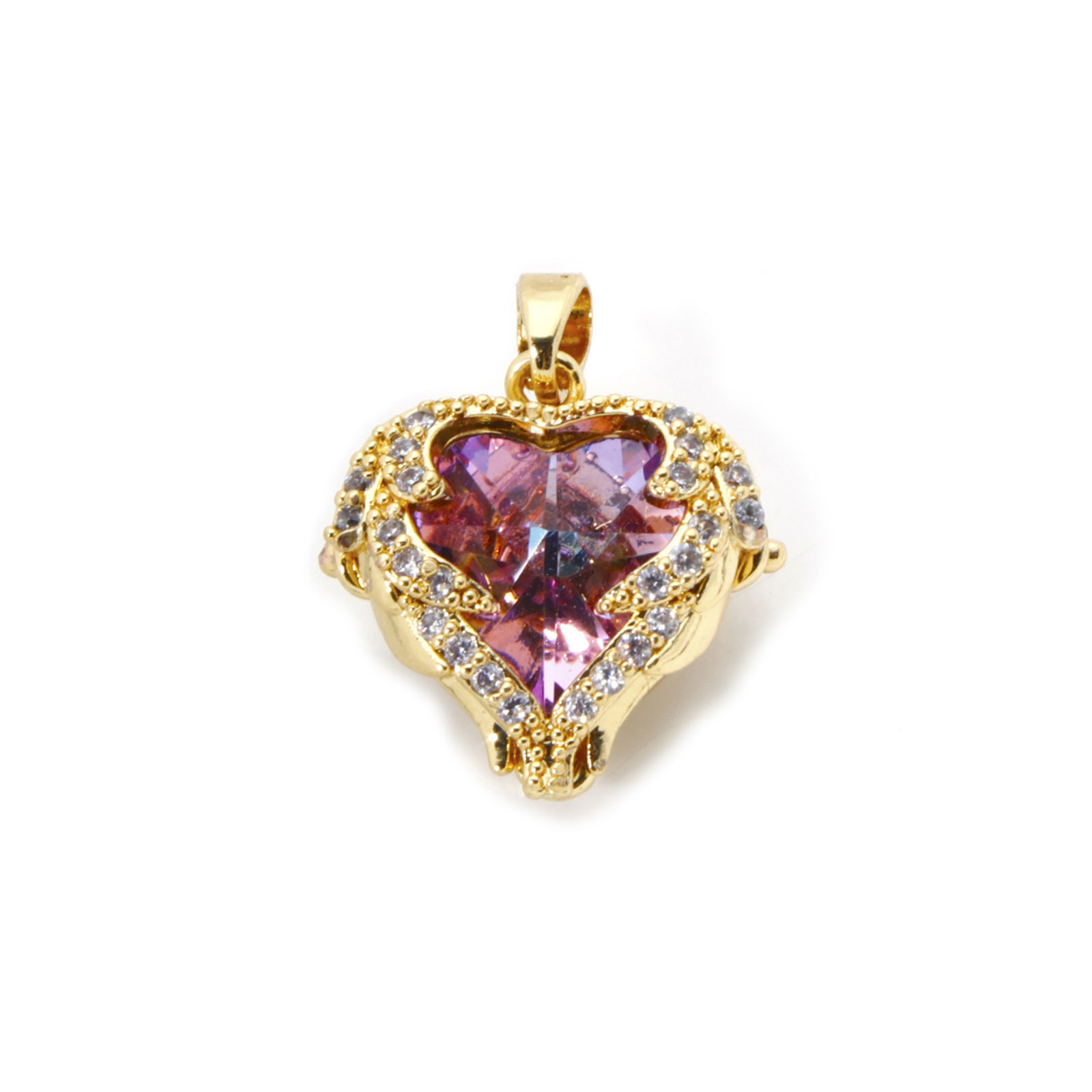 Picture of 2 PCs Brass & Glass Valentine's Day Charm Pendant 18K Gold Plated AB Rainbow Color Heart Clear Cubic Zirconia 21mm x 16mm