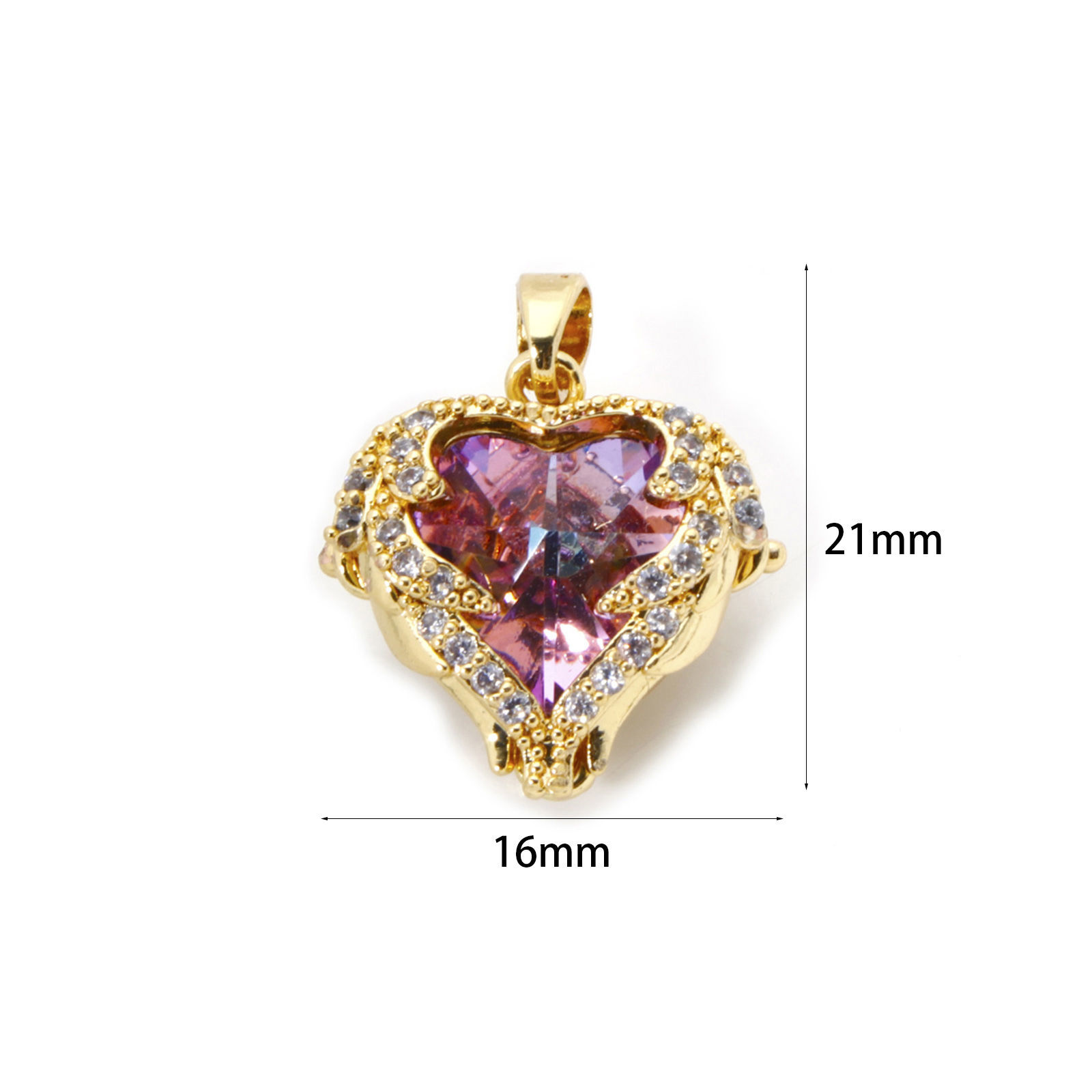 Picture of 2 PCs Brass & Glass Valentine's Day Charm Pendant 18K Gold Plated AB Rainbow Color Heart Clear Cubic Zirconia 21mm x 16mm