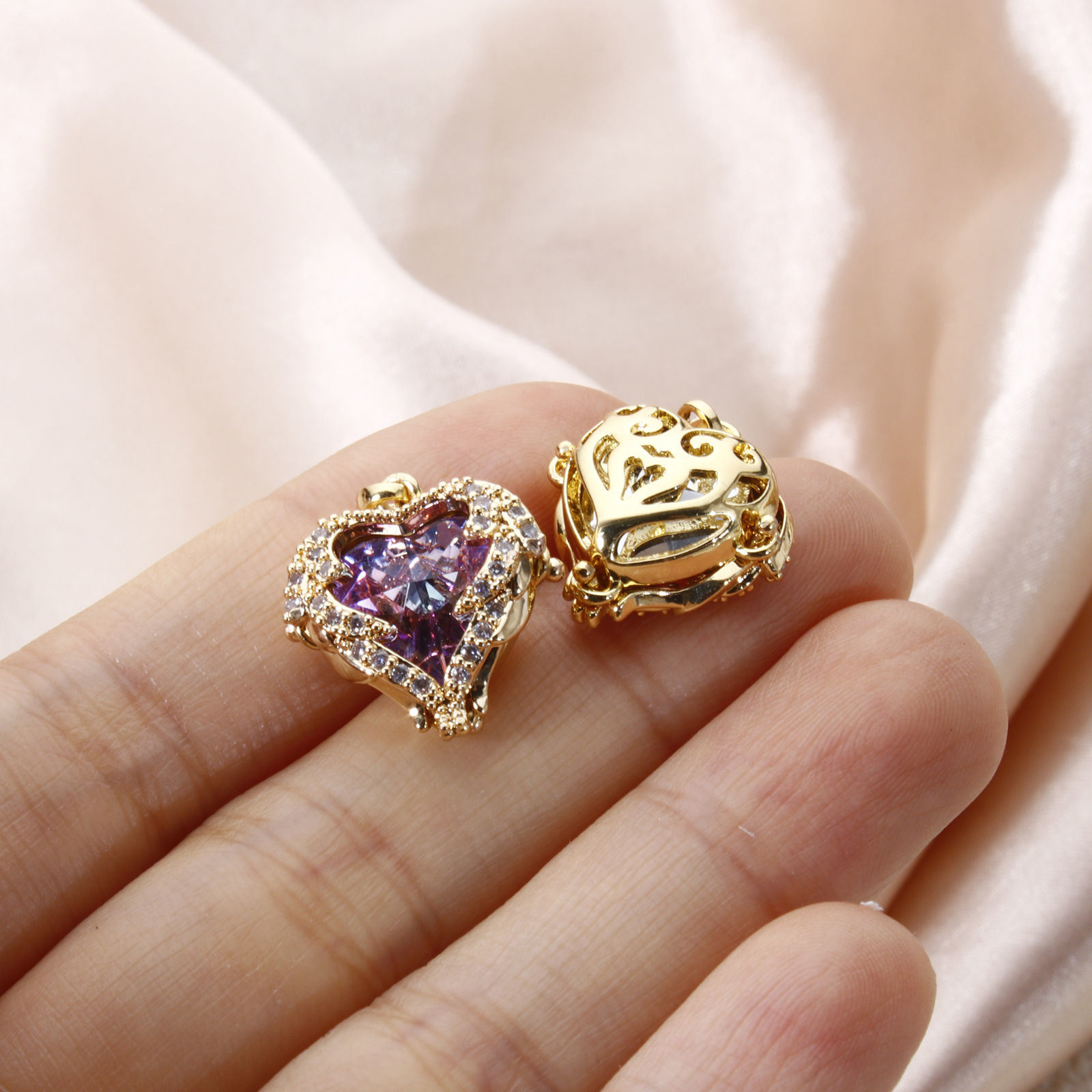 Picture of 2 PCs Brass & Glass Valentine's Day Charm Pendant 18K Gold Plated AB Rainbow Color Heart Clear Cubic Zirconia 21mm x 16mm
