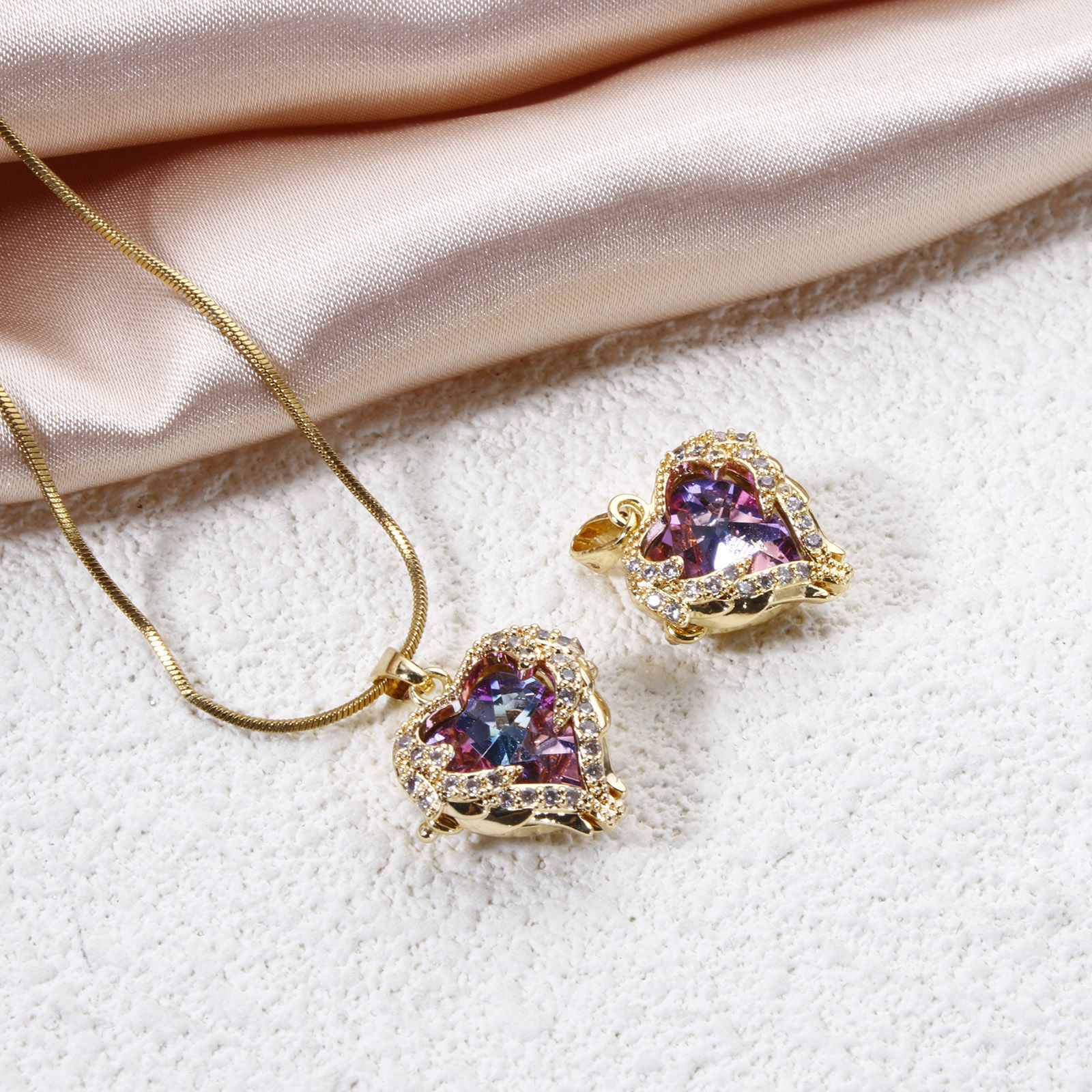 Picture of 2 PCs Brass & Glass Valentine's Day Charm Pendant 18K Gold Plated AB Rainbow Color Heart Clear Cubic Zirconia 21mm x 16mm