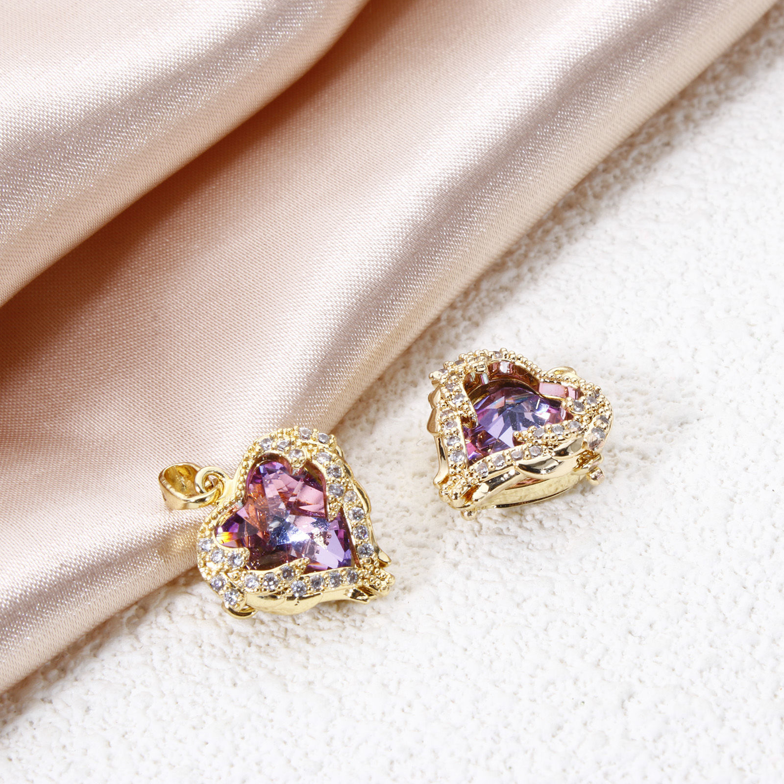 Picture of 2 PCs Brass & Glass Valentine's Day Charm Pendant 18K Gold Plated AB Rainbow Color Heart Clear Cubic Zirconia 21mm x 16mm
