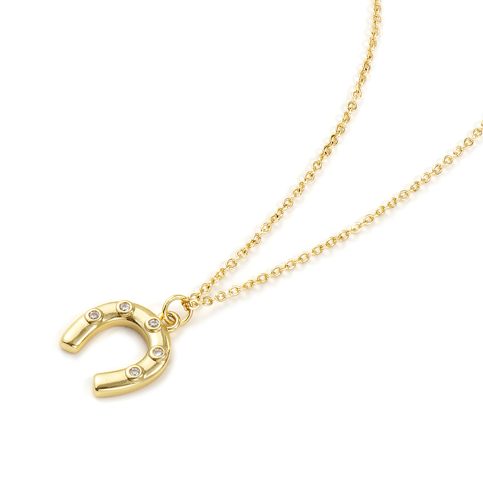 Picture of 18K Real Gold Plated Link Cable Chain Luck Horseshoe Pendant Charm Necklace, Brass & Acrylic 46cm(18.1") + 6cm(2.4"), For Women, Clear Cubic Zirconia Stylish West Cowboy Gift, Eco-friendly, 1 Piece