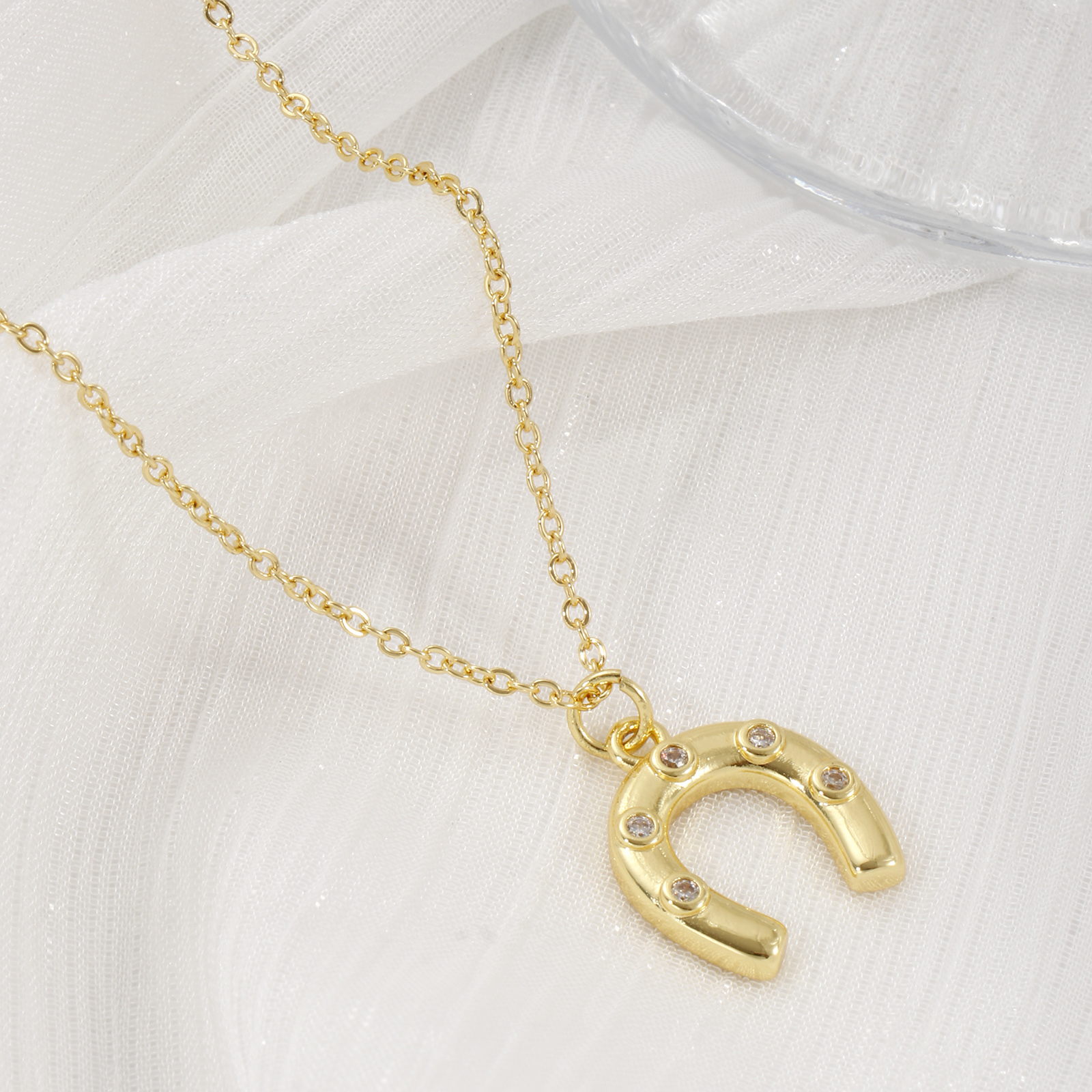 Picture of 18K Real Gold Plated Link Cable Chain Luck Horseshoe Pendant Charm Necklace, Brass & Acrylic 46cm(18.1") + 6cm(2.4"), For Women, Clear Cubic Zirconia Stylish West Cowboy Gift, Eco-friendly, 1 Piece