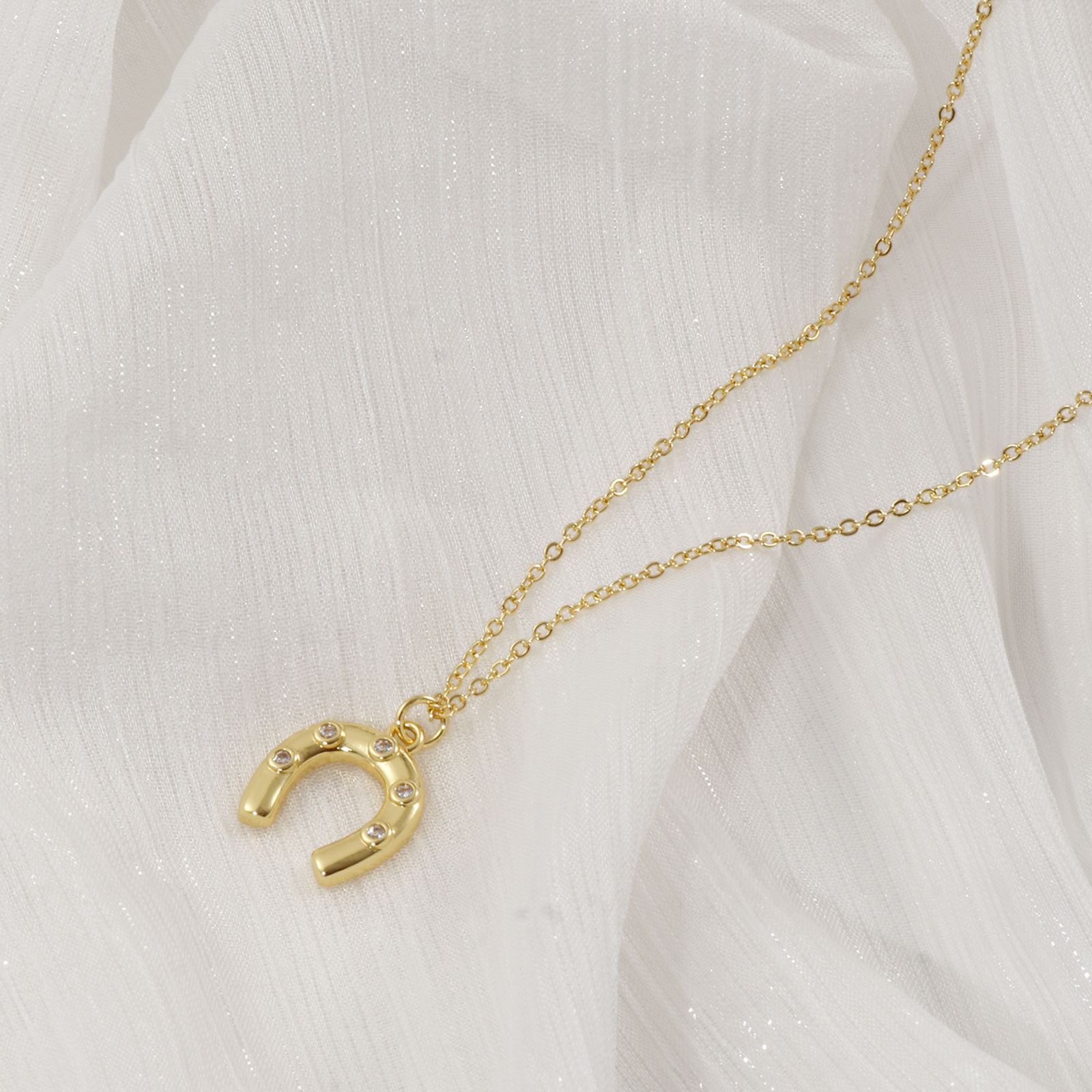 Picture of 18K Real Gold Plated Link Cable Chain Luck Horseshoe Pendant Charm Necklace, Brass & Acrylic 46cm(18.1") + 6cm(2.4"), For Women, Clear Cubic Zirconia Stylish West Cowboy Gift, Eco-friendly, 1 Piece