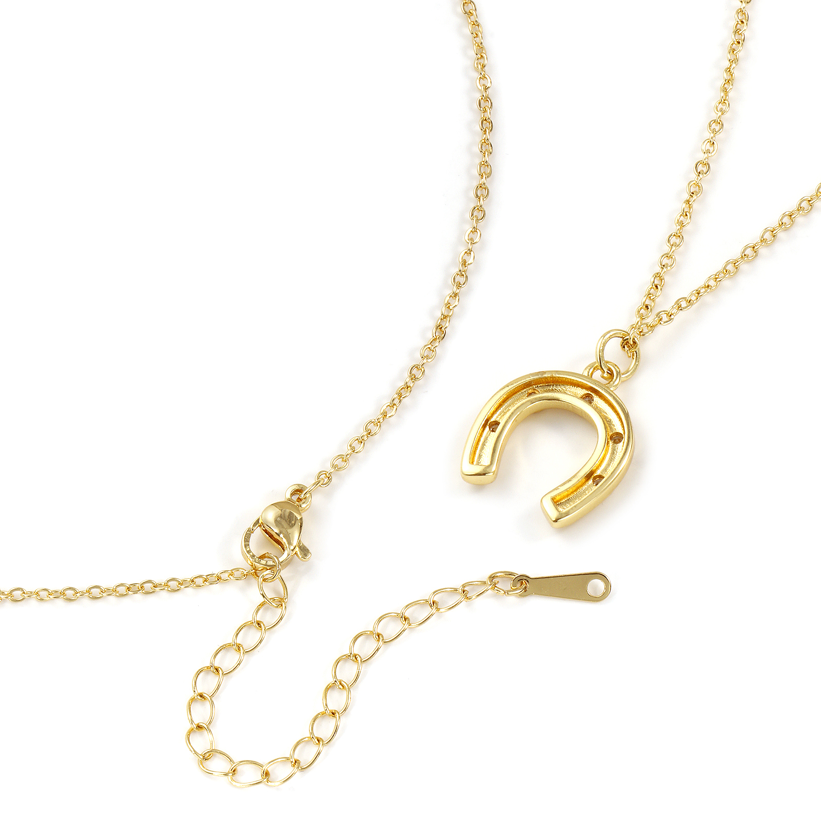 Picture of 18K Real Gold Plated Link Cable Chain Luck Horseshoe Pendant Charm Necklace, Brass & Acrylic 46cm(18.1") + 6cm(2.4"), For Women, Clear Cubic Zirconia Stylish West Cowboy Gift, Eco-friendly, 1 Piece