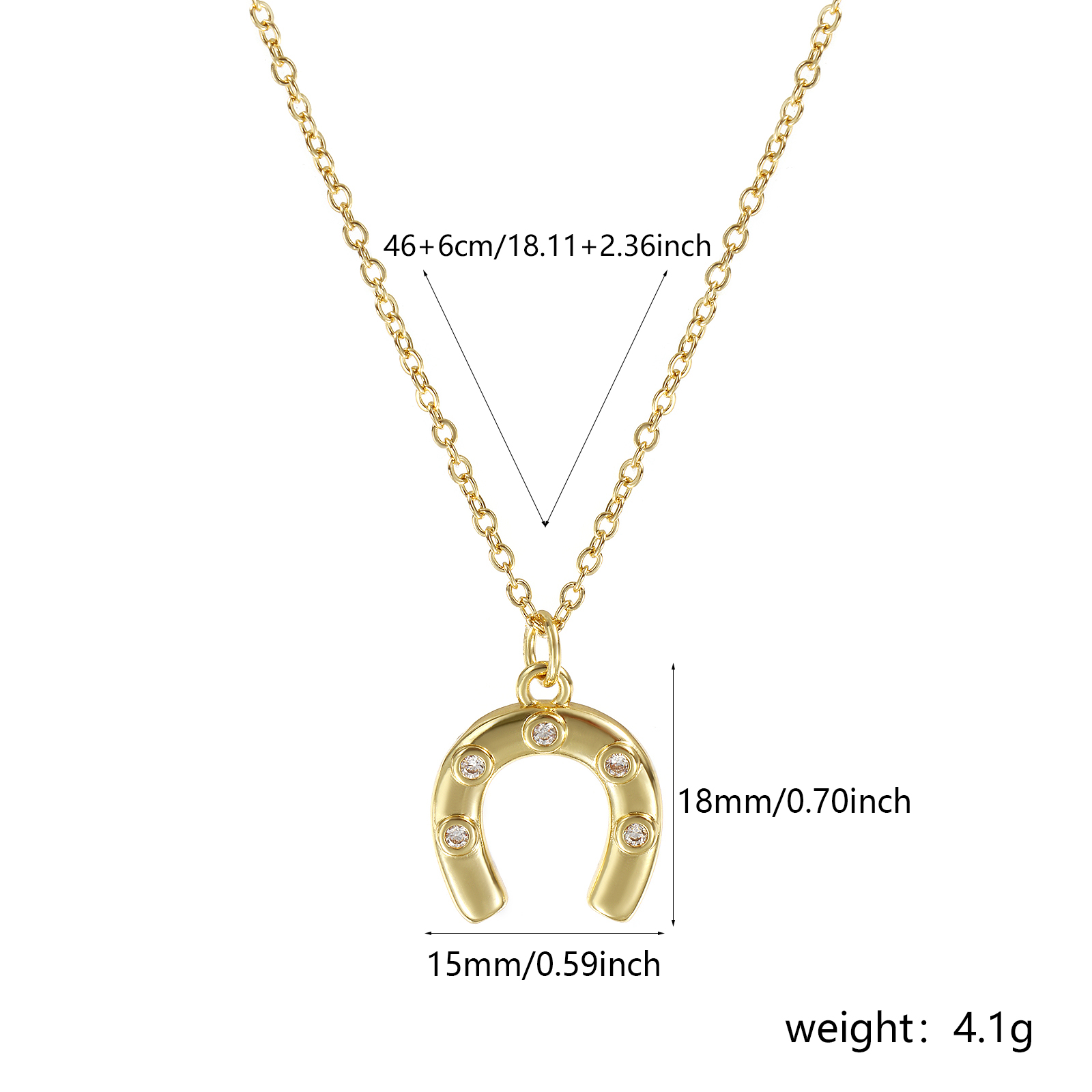 Picture of 18K Real Gold Plated Link Cable Chain Luck Horseshoe Pendant Charm Necklace, Brass & Acrylic 46cm(18.1") + 6cm(2.4"), For Women, Clear Cubic Zirconia Stylish West Cowboy Gift, Eco-friendly, 1 Piece