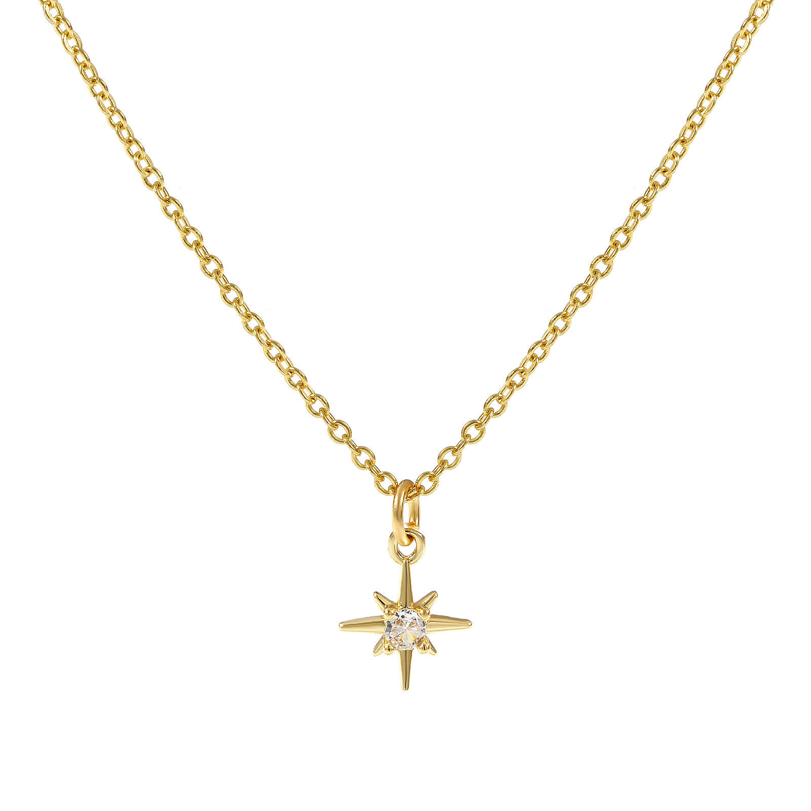Picture of 18K Real Gold Plated Link Cable Chain Polaris Star Pendant Charm Necklace, Brass 45cm(17.7") + 5cm(2"), For Women, Clear Cubic Zirconia Dainty Galaxy Gift, Eco-friendly, 1 Piece