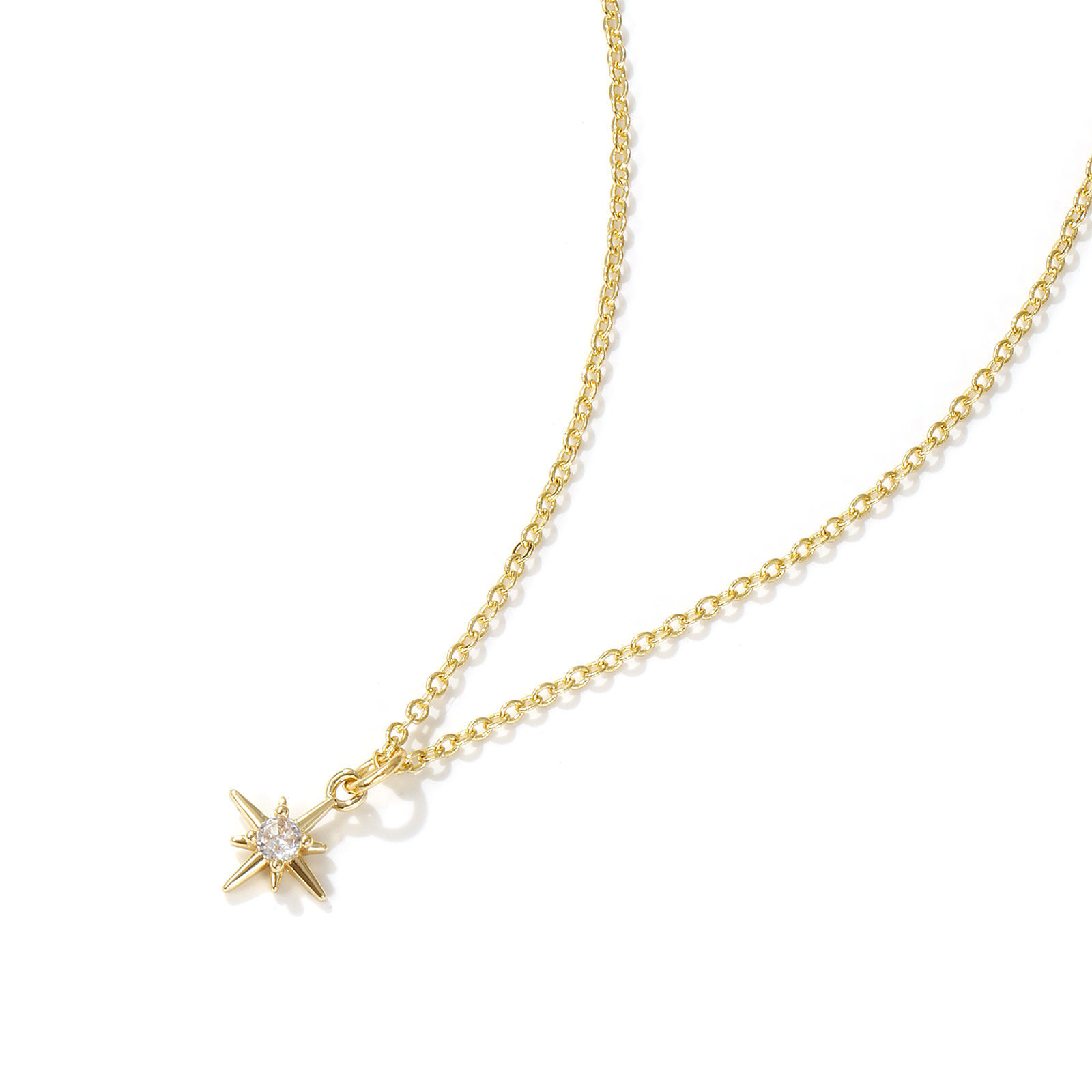Picture of 18K Real Gold Plated Link Cable Chain Polaris Star Pendant Charm Necklace, Brass 45cm(17.7") + 5cm(2"), For Women, Clear Cubic Zirconia Dainty Galaxy Gift, Eco-friendly, 1 Piece