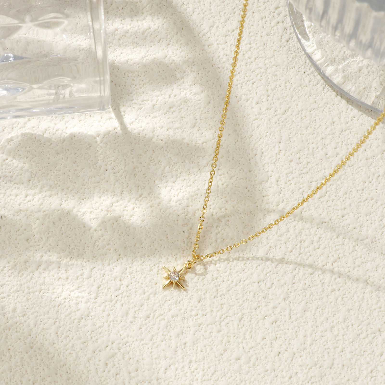 Picture of 18K Real Gold Plated Link Cable Chain Polaris Star Pendant Charm Necklace, Brass 45cm(17.7") + 5cm(2"), For Women, Clear Cubic Zirconia Dainty Galaxy Gift, Eco-friendly, 1 Piece