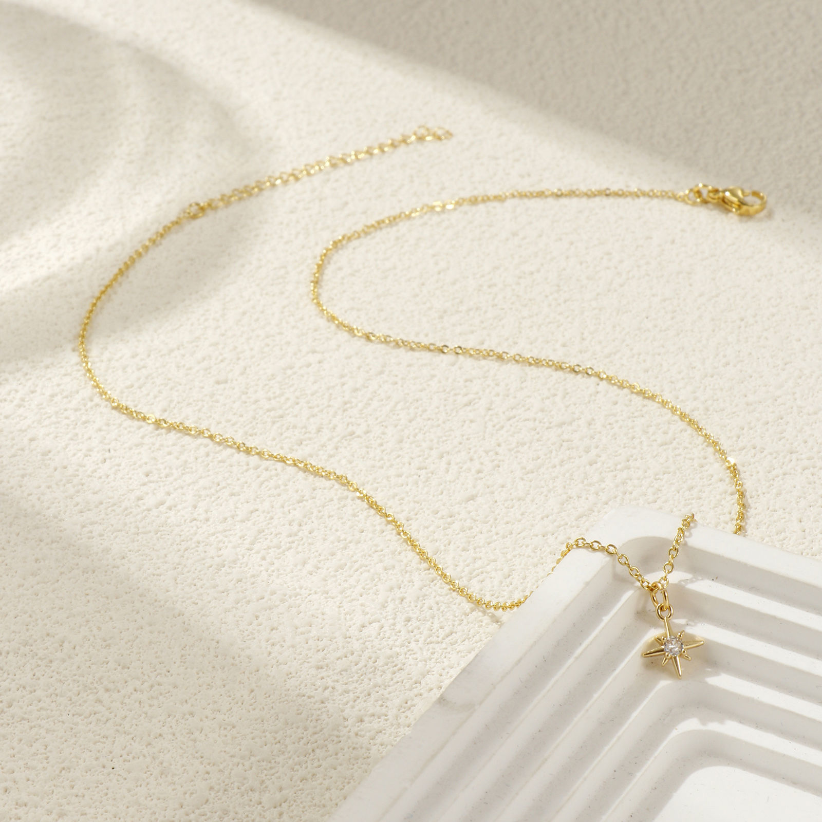 Picture of 18K Real Gold Plated Link Cable Chain Polaris Star Pendant Charm Necklace, Brass 45cm(17.7") + 5cm(2"), For Women, Clear Cubic Zirconia Dainty Galaxy Gift, Eco-friendly, 1 Piece