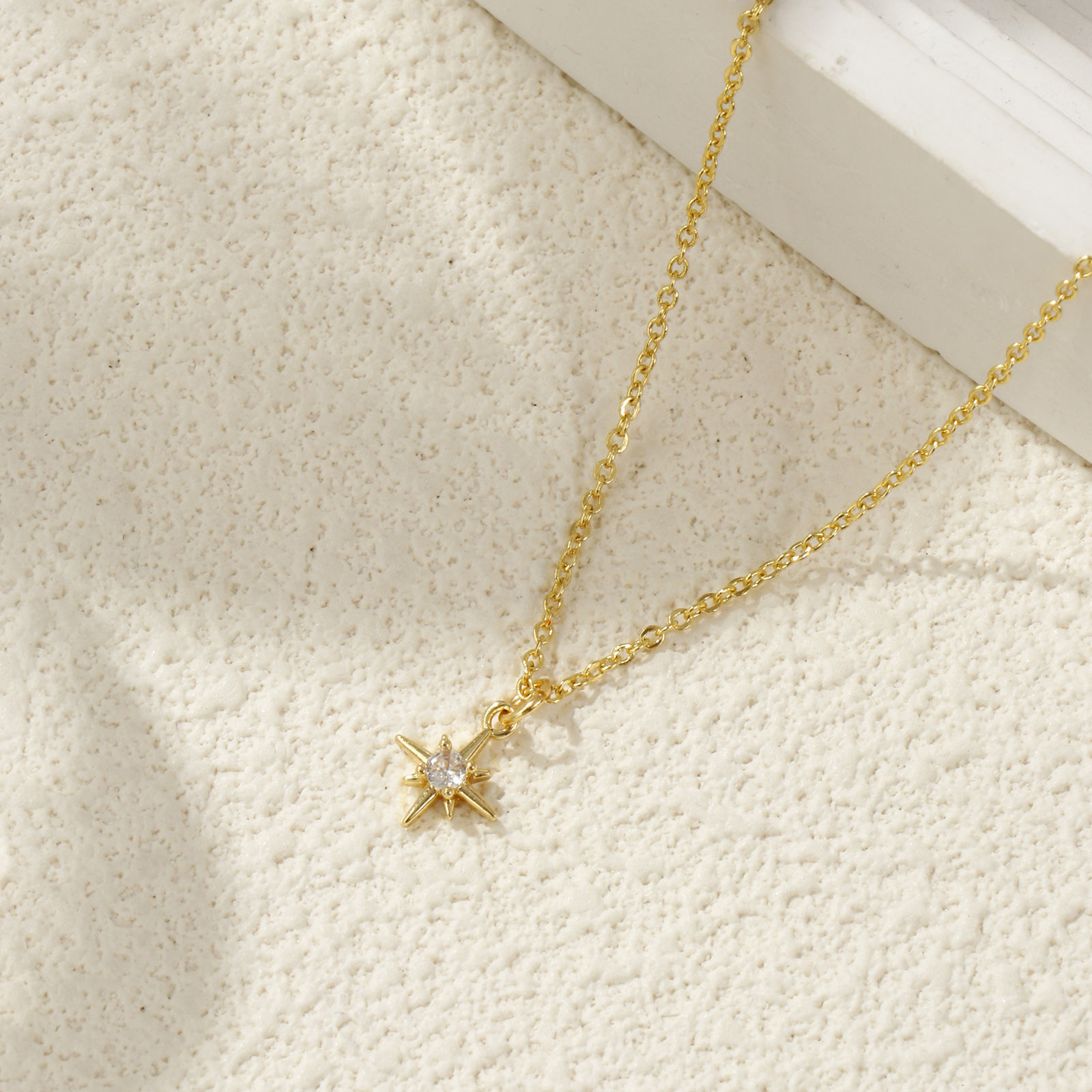 Picture of 18K Real Gold Plated Link Cable Chain Polaris Star Pendant Charm Necklace, Brass 45cm(17.7") + 5cm(2"), For Women, Clear Cubic Zirconia Dainty Galaxy Gift, Eco-friendly, 1 Piece