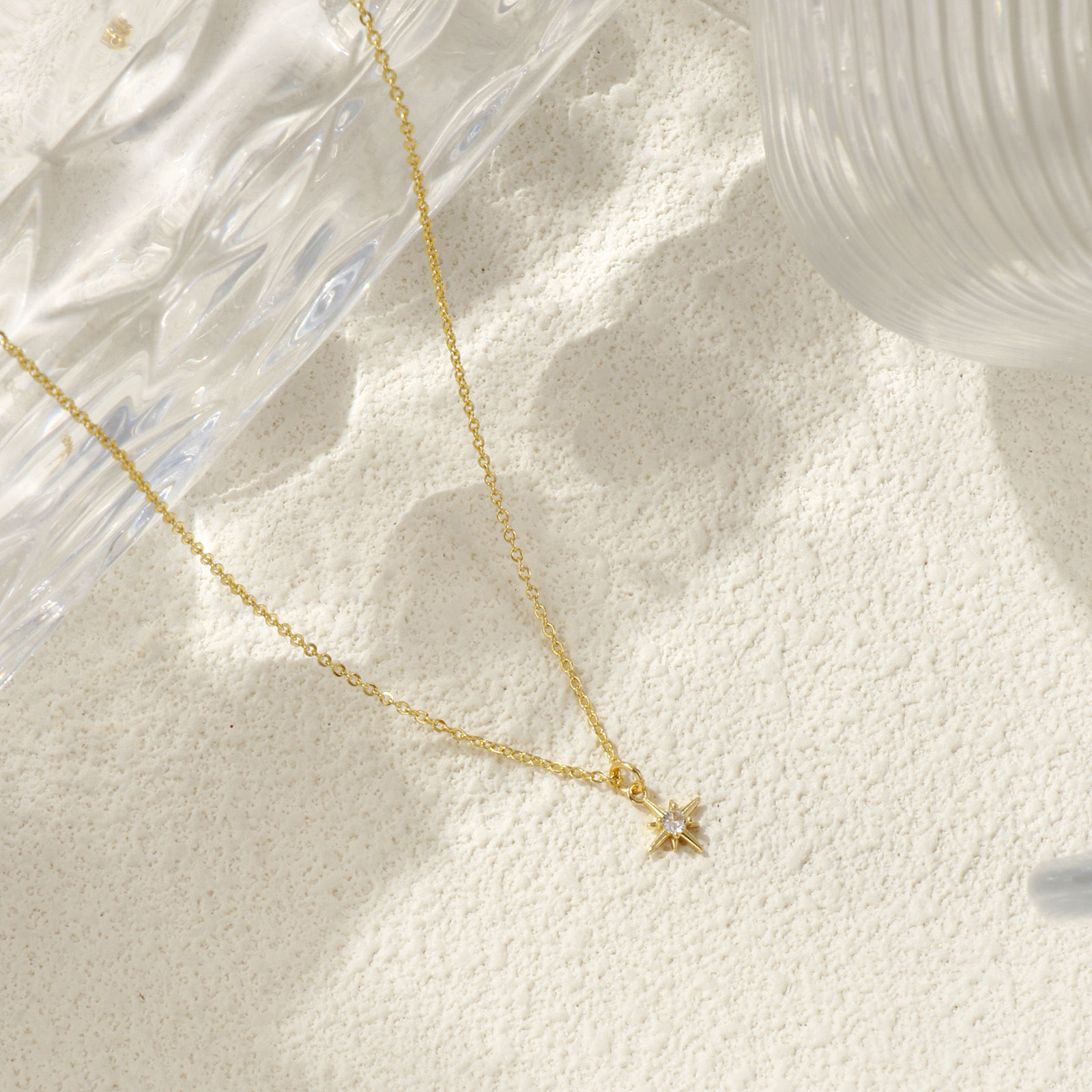 Picture of 18K Real Gold Plated Link Cable Chain Polaris Star Pendant Charm Necklace, Brass 45cm(17.7") + 5cm(2"), For Women, Clear Cubic Zirconia Dainty Galaxy Gift, Eco-friendly, 1 Piece