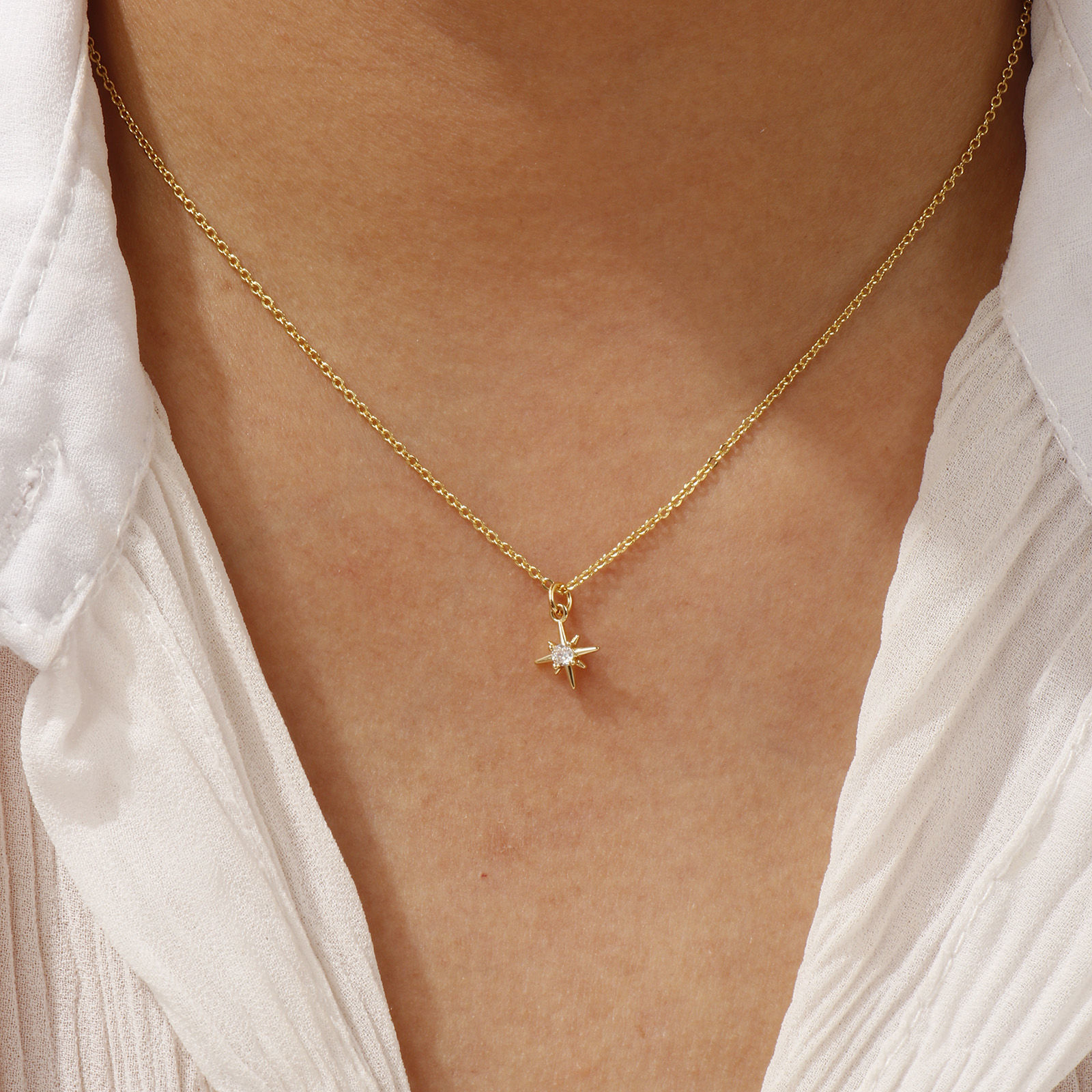 Picture of 18K Real Gold Plated Link Cable Chain Polaris Star Pendant Charm Necklace, Brass 45cm(17.7") + 5cm(2"), For Women, Clear Cubic Zirconia Dainty Galaxy Gift, Eco-friendly, 1 Piece