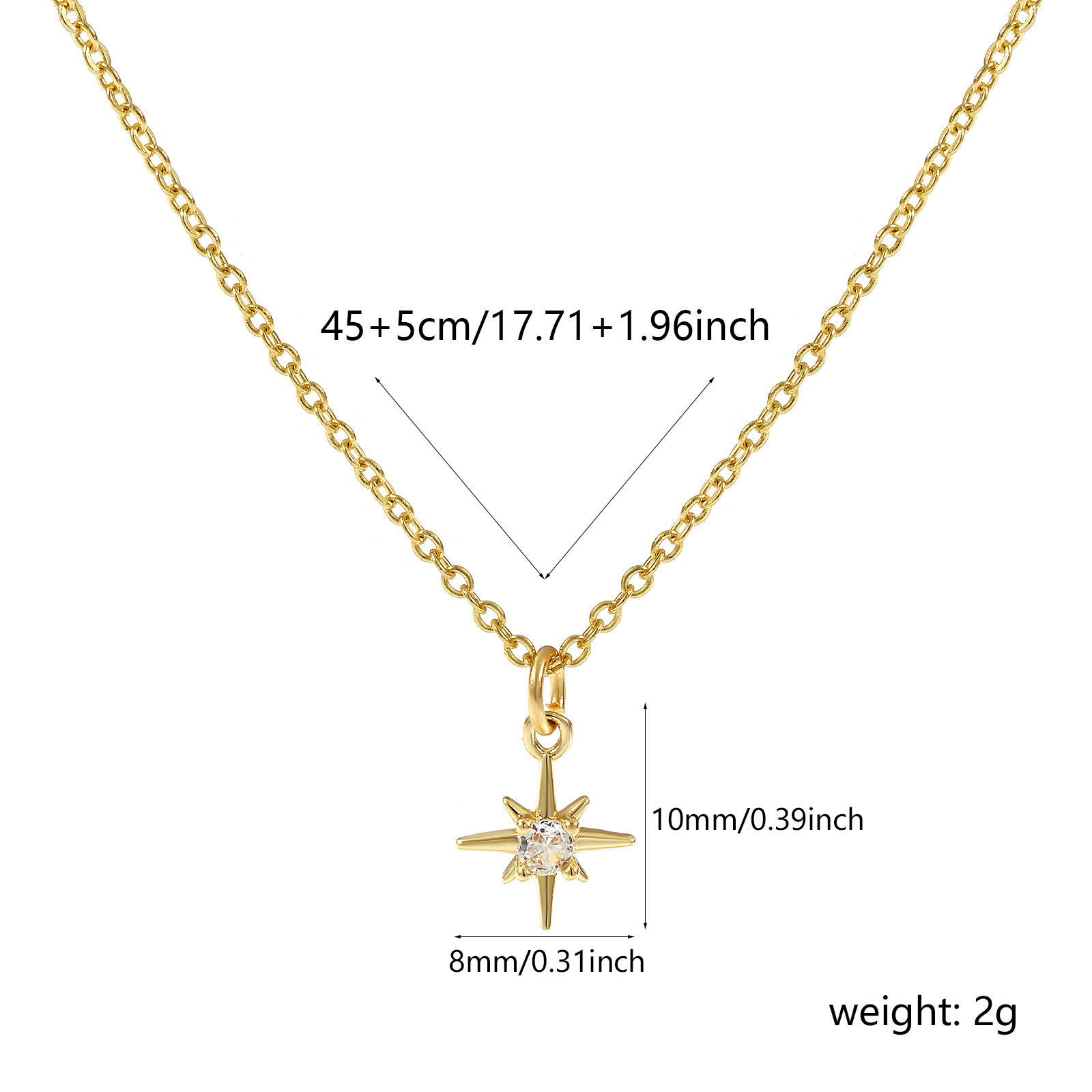 Picture of 18K Real Gold Plated Link Cable Chain Polaris Star Pendant Charm Necklace, Brass 45cm(17.7") + 5cm(2"), For Women, Clear Cubic Zirconia Dainty Galaxy Gift, Eco-friendly, 1 Piece