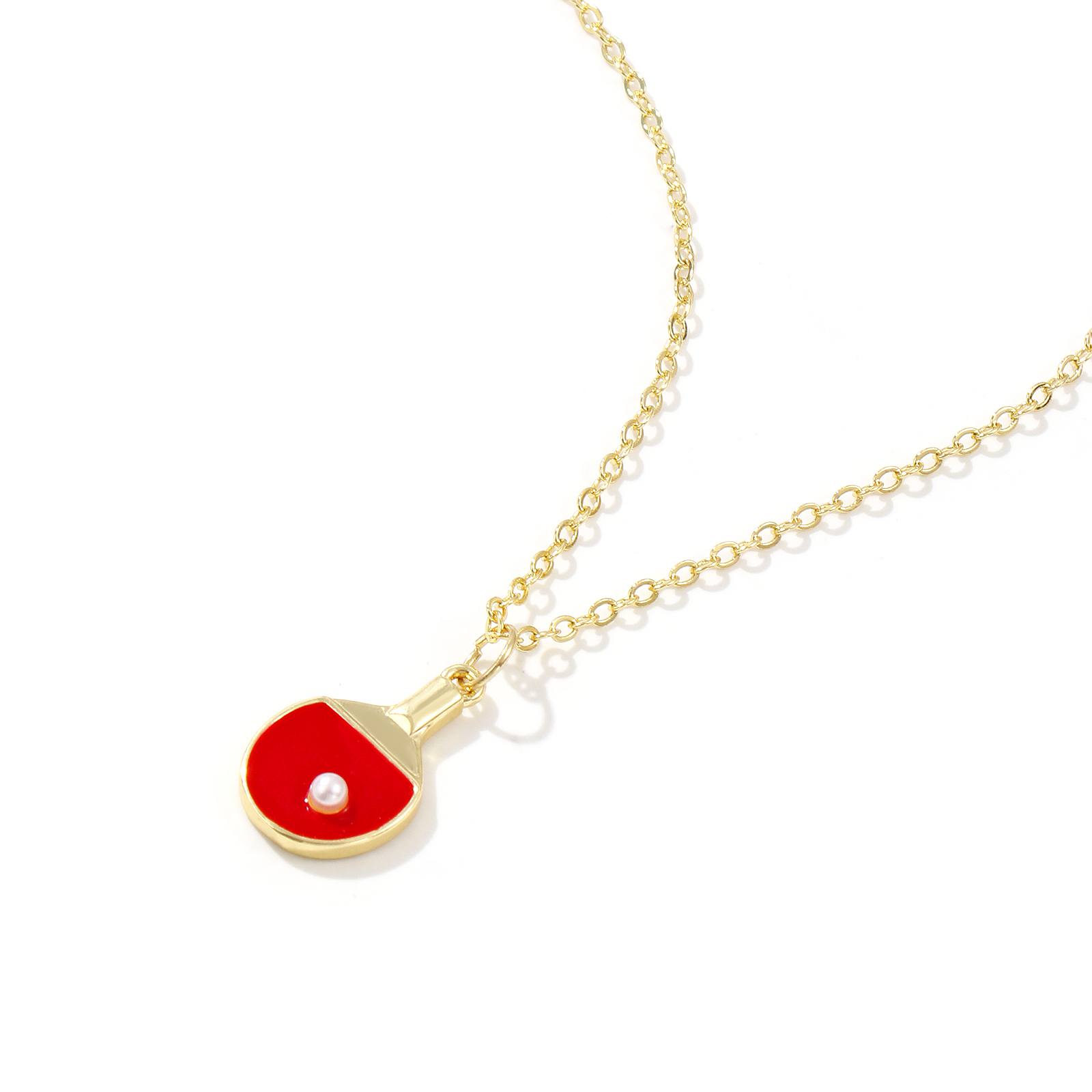 Picture of 18K Real Gold Plated Link Cable Chain Table Tennis Paddle Bat Pendant Charm Necklace, Brass 46cm(18.1") + 6cm(2.4"), For Women, Red Enamel Acrylic Imitation Pearl, Sport Gift, Eco-friendly, 1 Piece