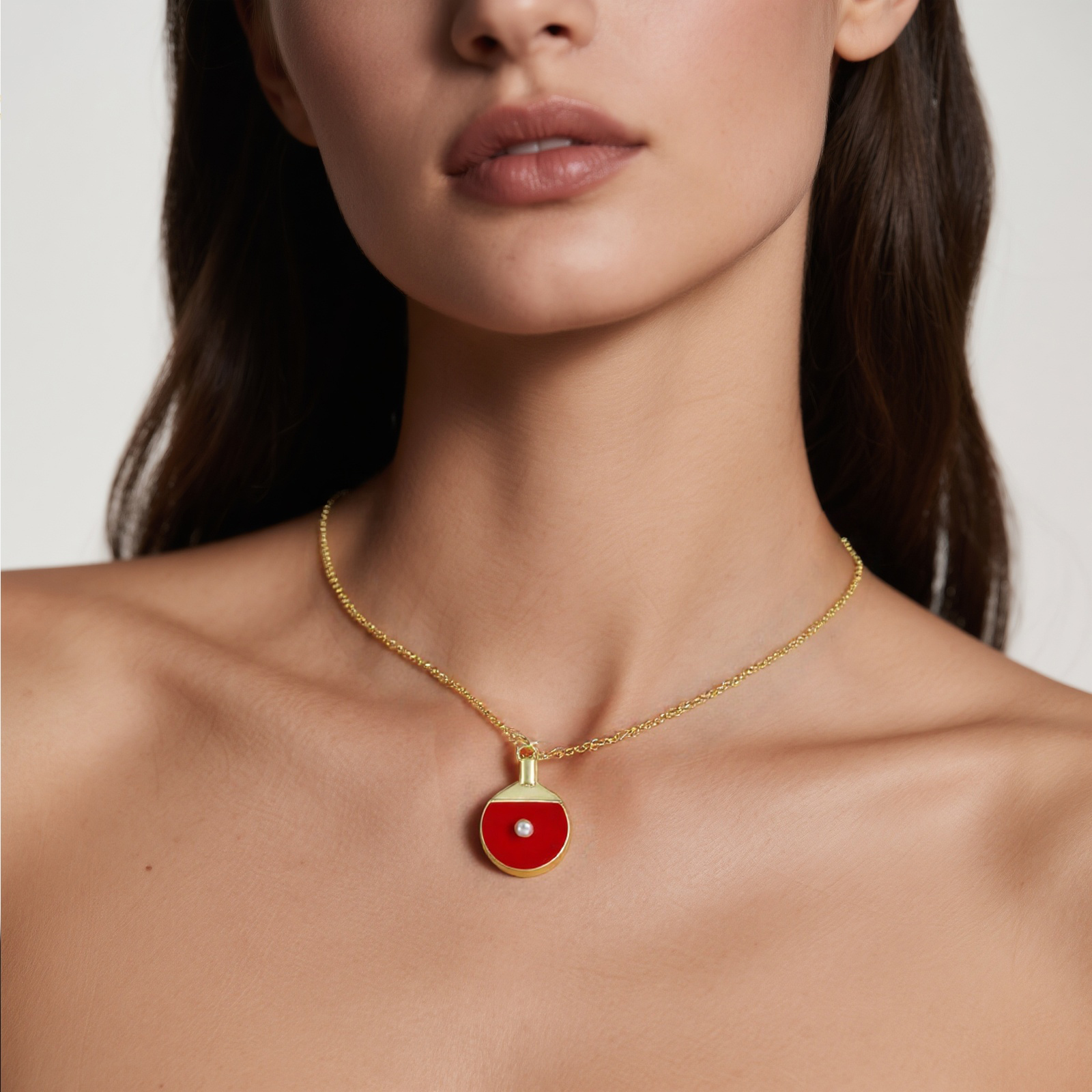 Picture of 18K Real Gold Plated Link Cable Chain Table Tennis Paddle Bat Pendant Charm Necklace, Brass 46cm(18.1") + 6cm(2.4"), For Women, Red Enamel Acrylic Imitation Pearl, Sport Gift, Eco-friendly, 1 Piece