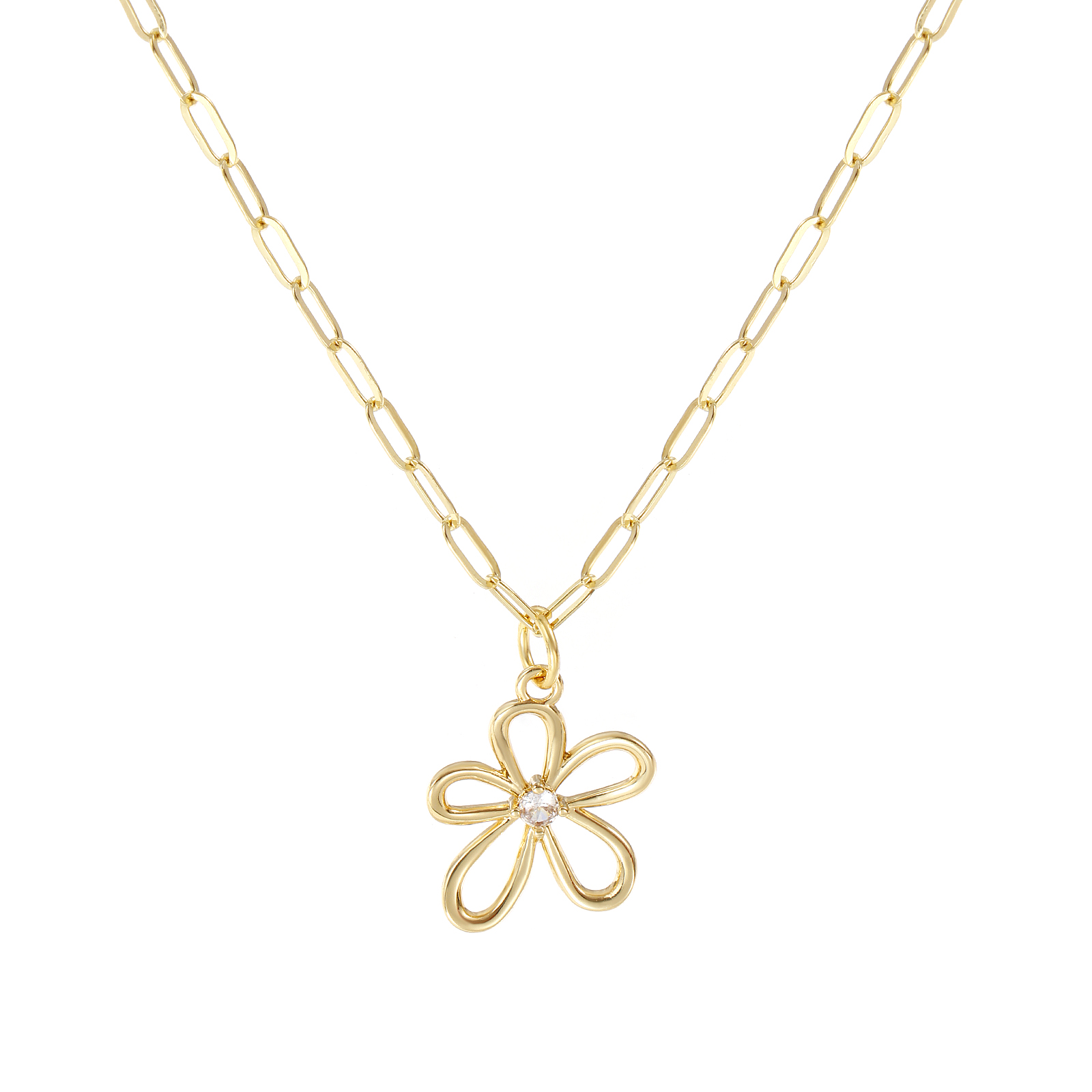 Picture of 18K Real Gold Plated Paperclip Link Chain Flower Pendant Charm Necklace, Brass 45cm(17.7") + 5cm(2"), For Women, Clear Cubic Zirconia Hollow, Stylish Exquisite Gift, Eco-friendly, 1 Piece